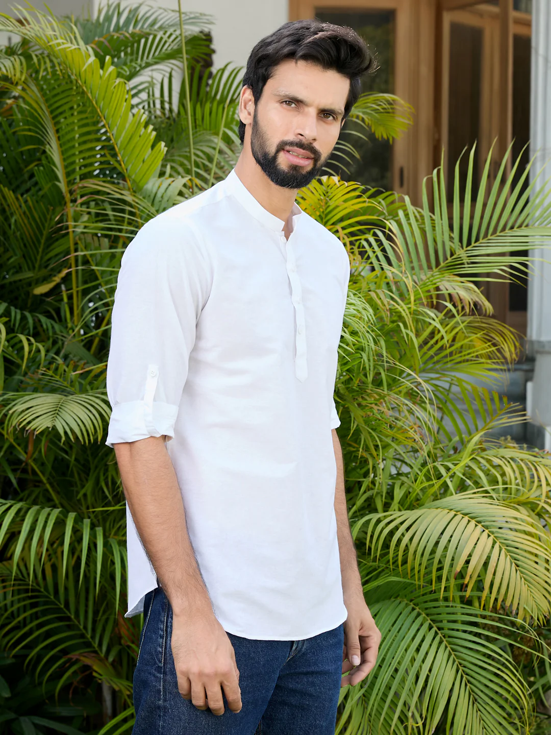 Men White Deluxe Cotton Short Kurta - Image 3
