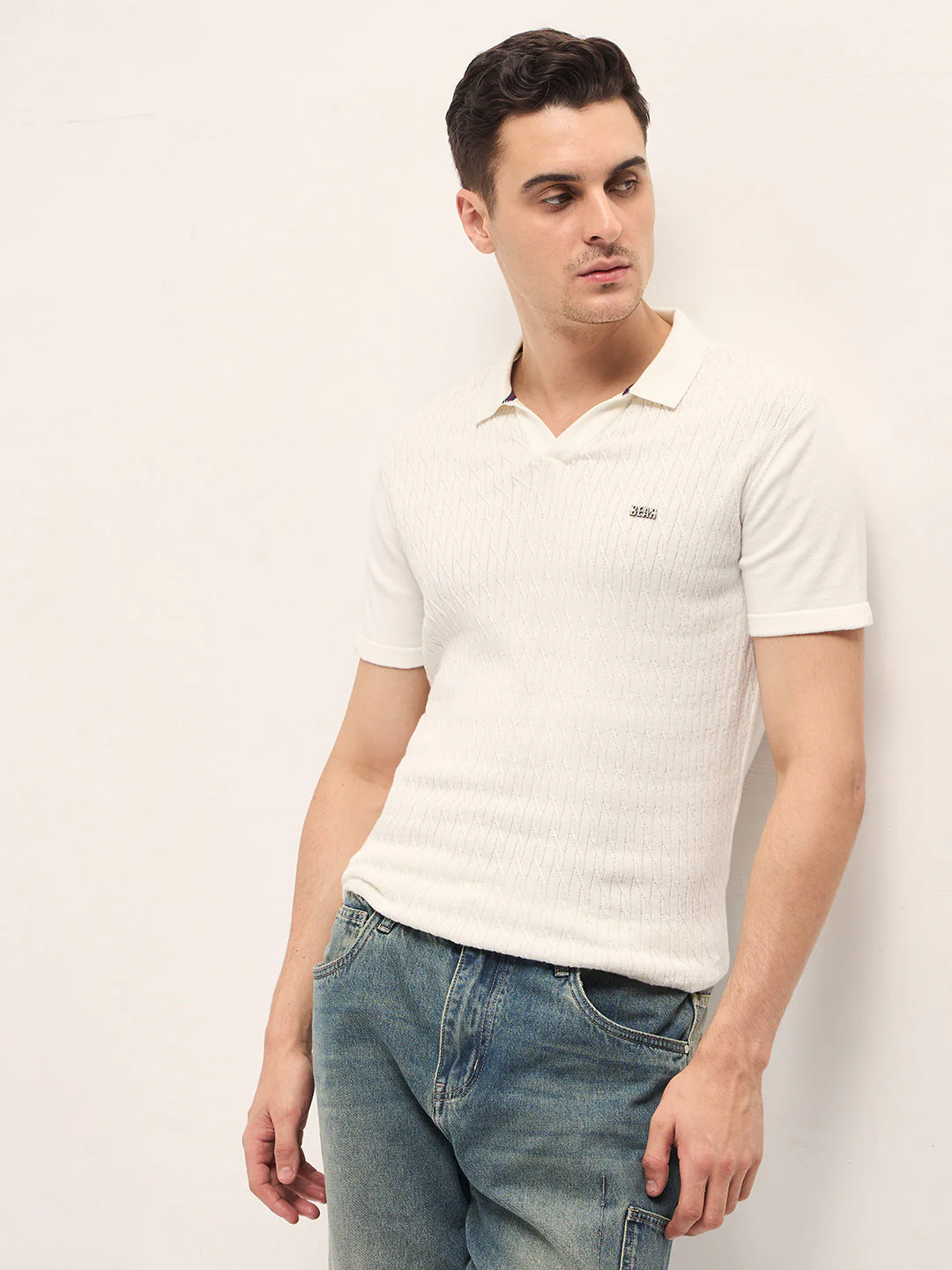 Men White Diagonal Knit Texture Regular Fit Polo