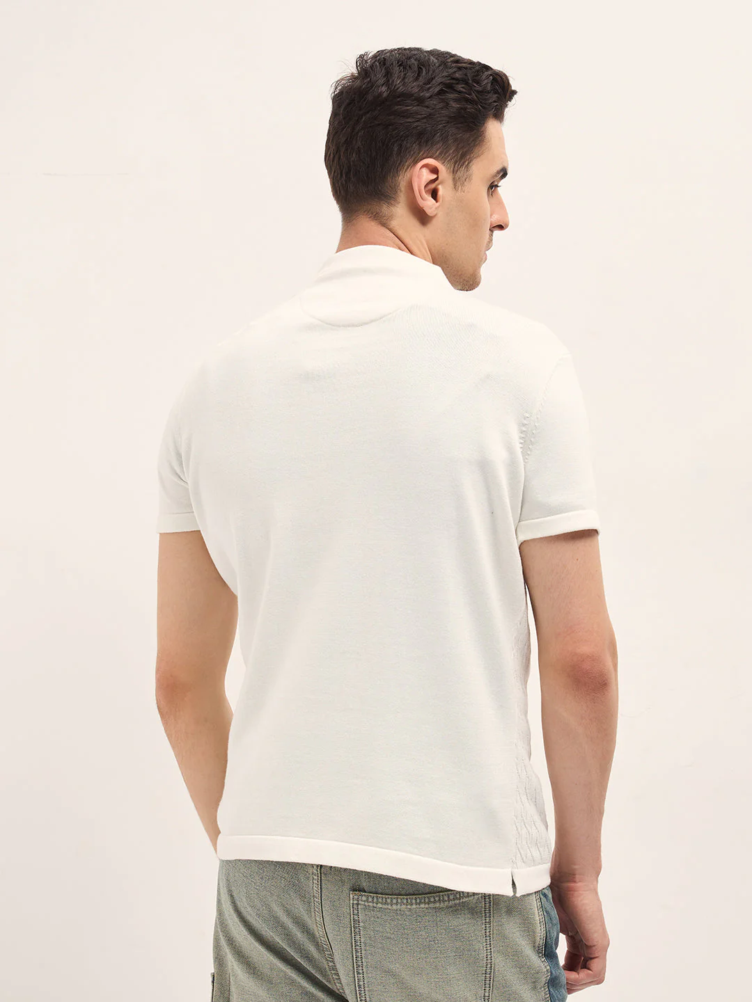 Men White Diagonal Knit Texture Regular Fit Polo - Image 2