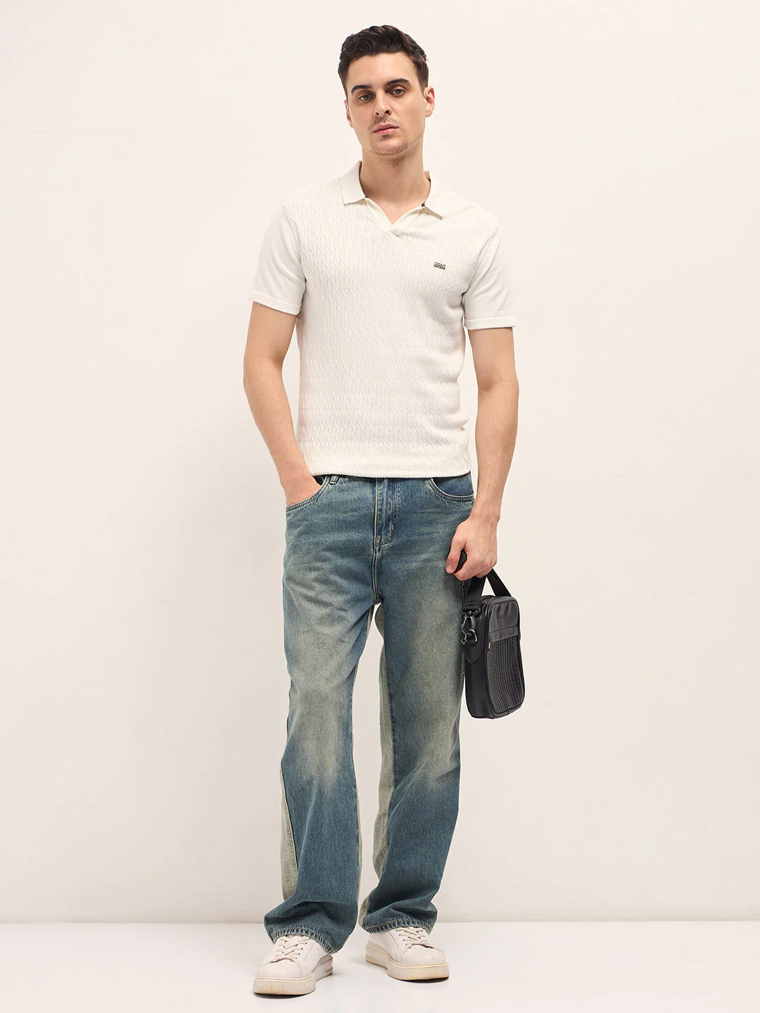 Men White Diagonal Knit Texture Regular Fit Polo - Image 4