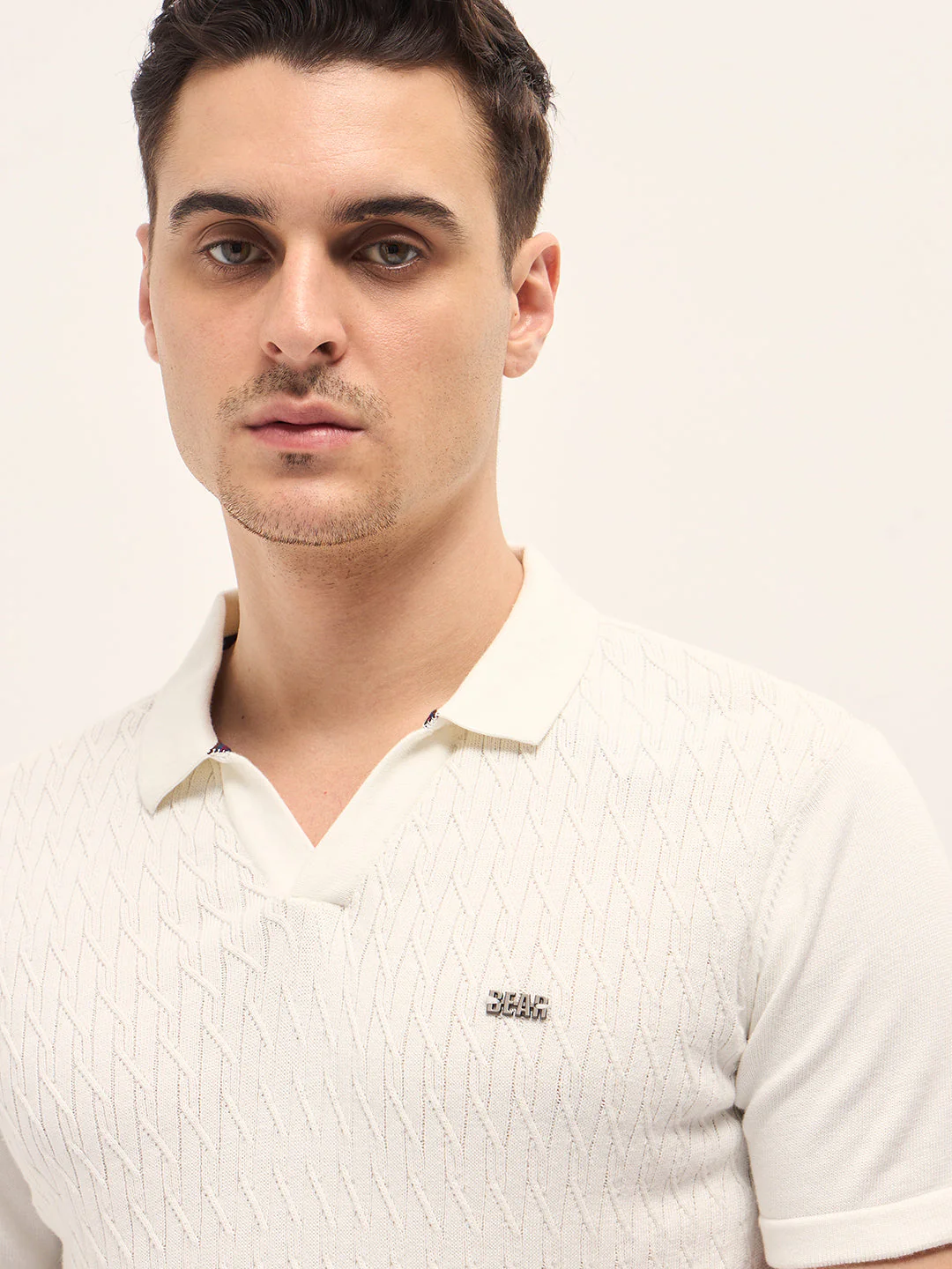 Men White Diagonal Knit Texture Regular Fit Polo - Image 5