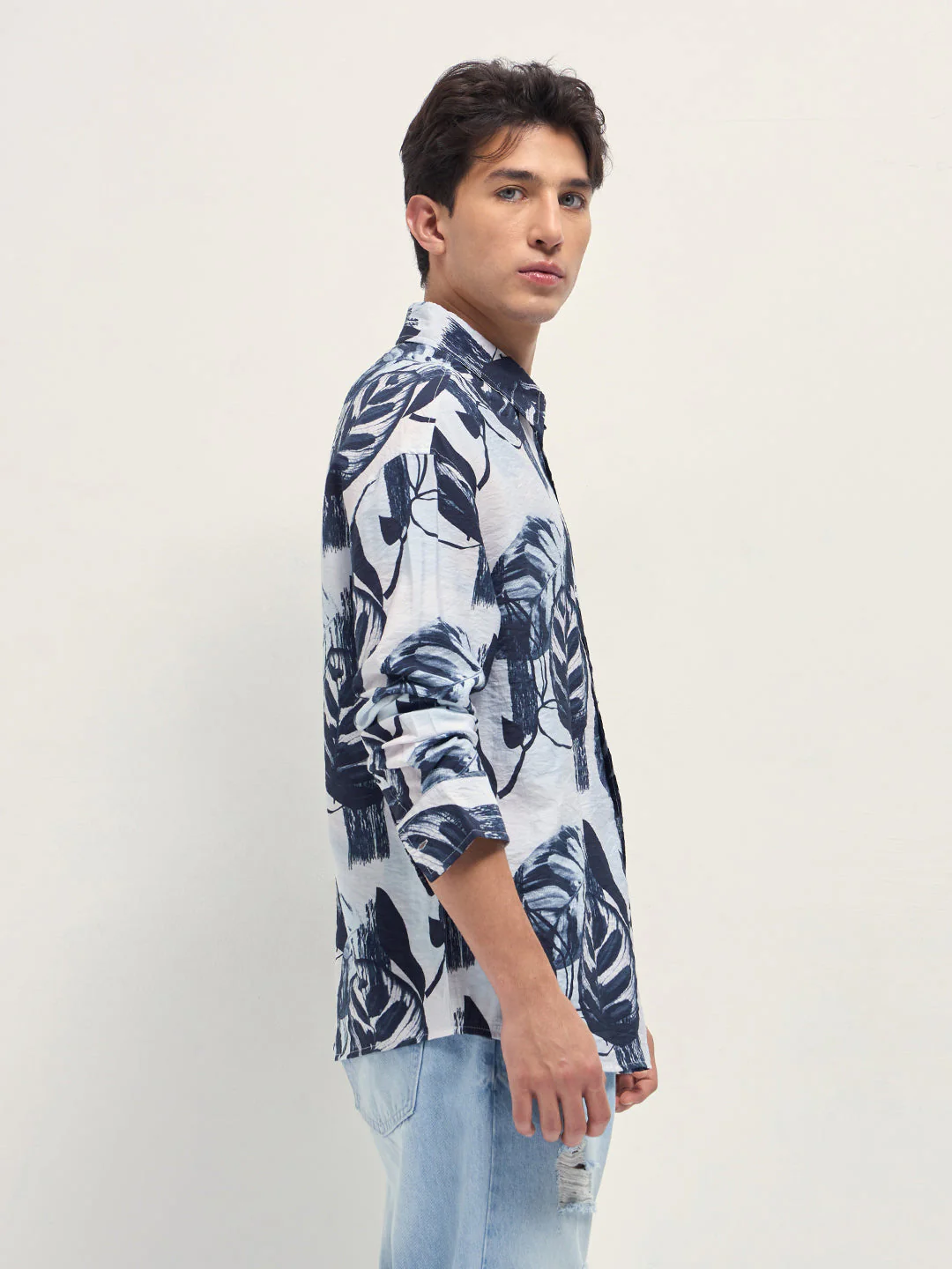 Men White Digital Tropical Print Relaxed Fit Overshirt - Image 3