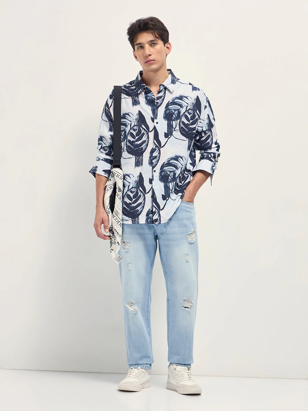 Men White Digital Tropical Print Relaxed Fit Overshirt - Image 4