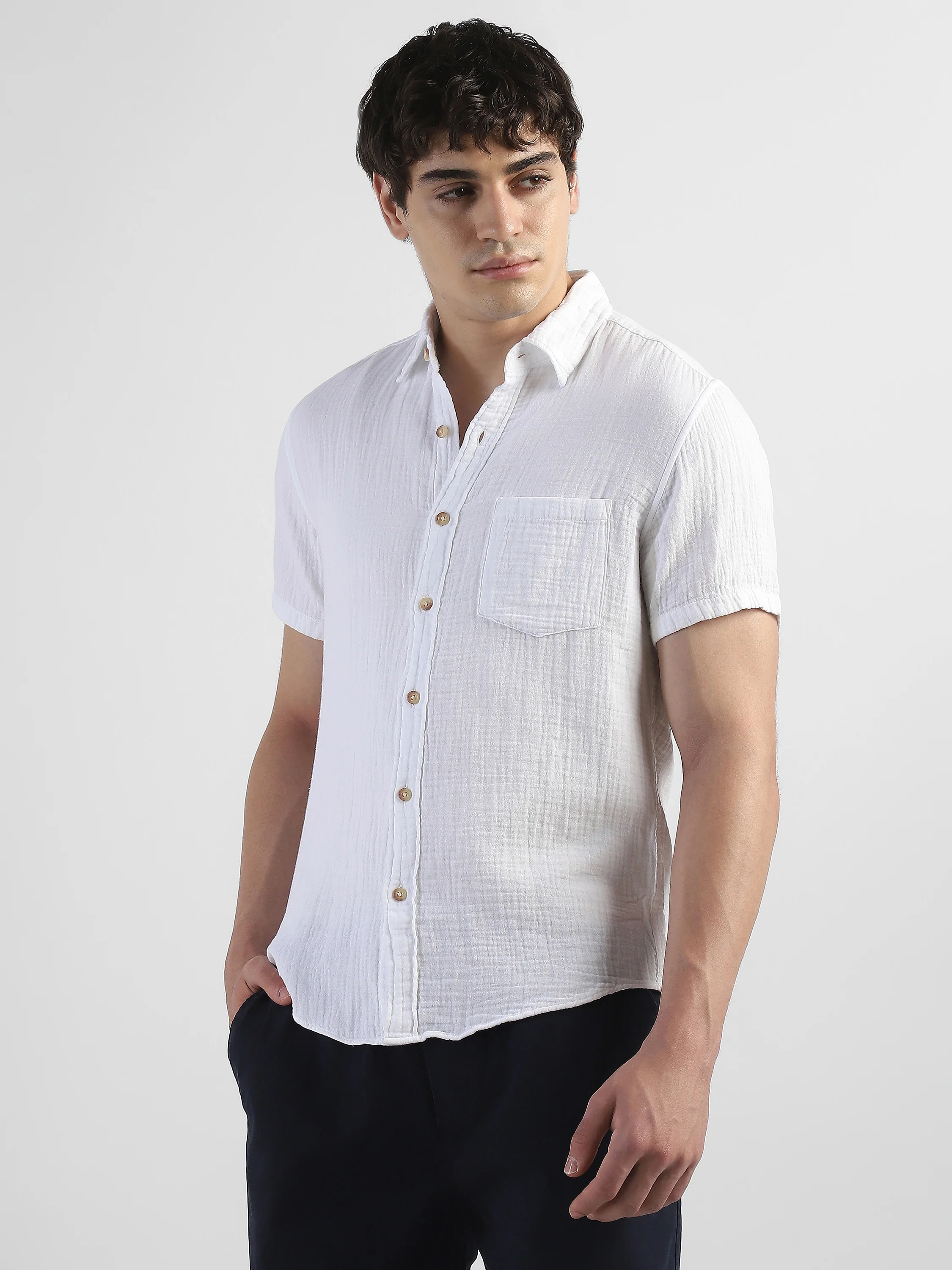 Men White Double Cloth Casual Shirt - Image 5