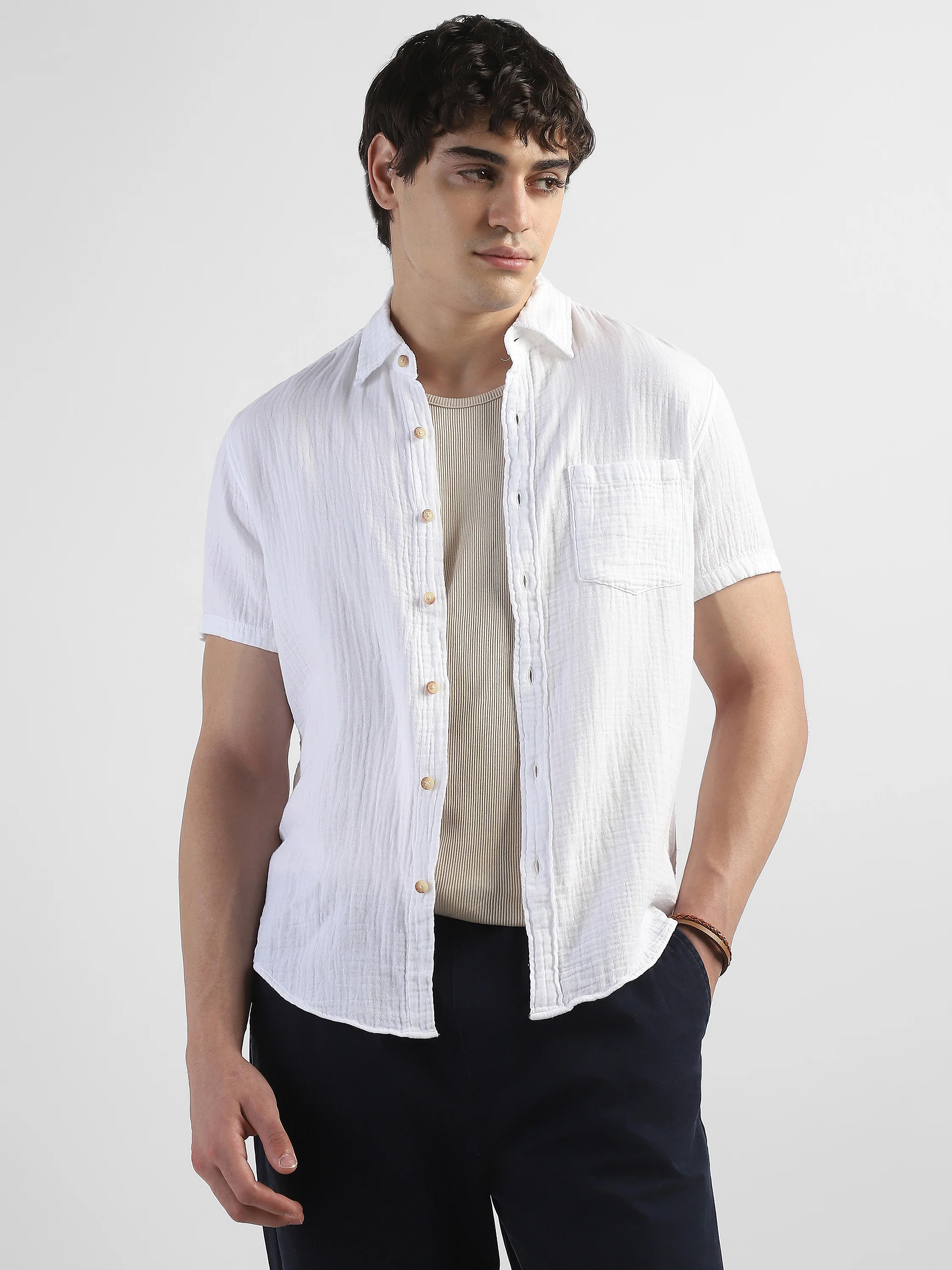 Men White Double Cloth Casual Shirt - Image 7