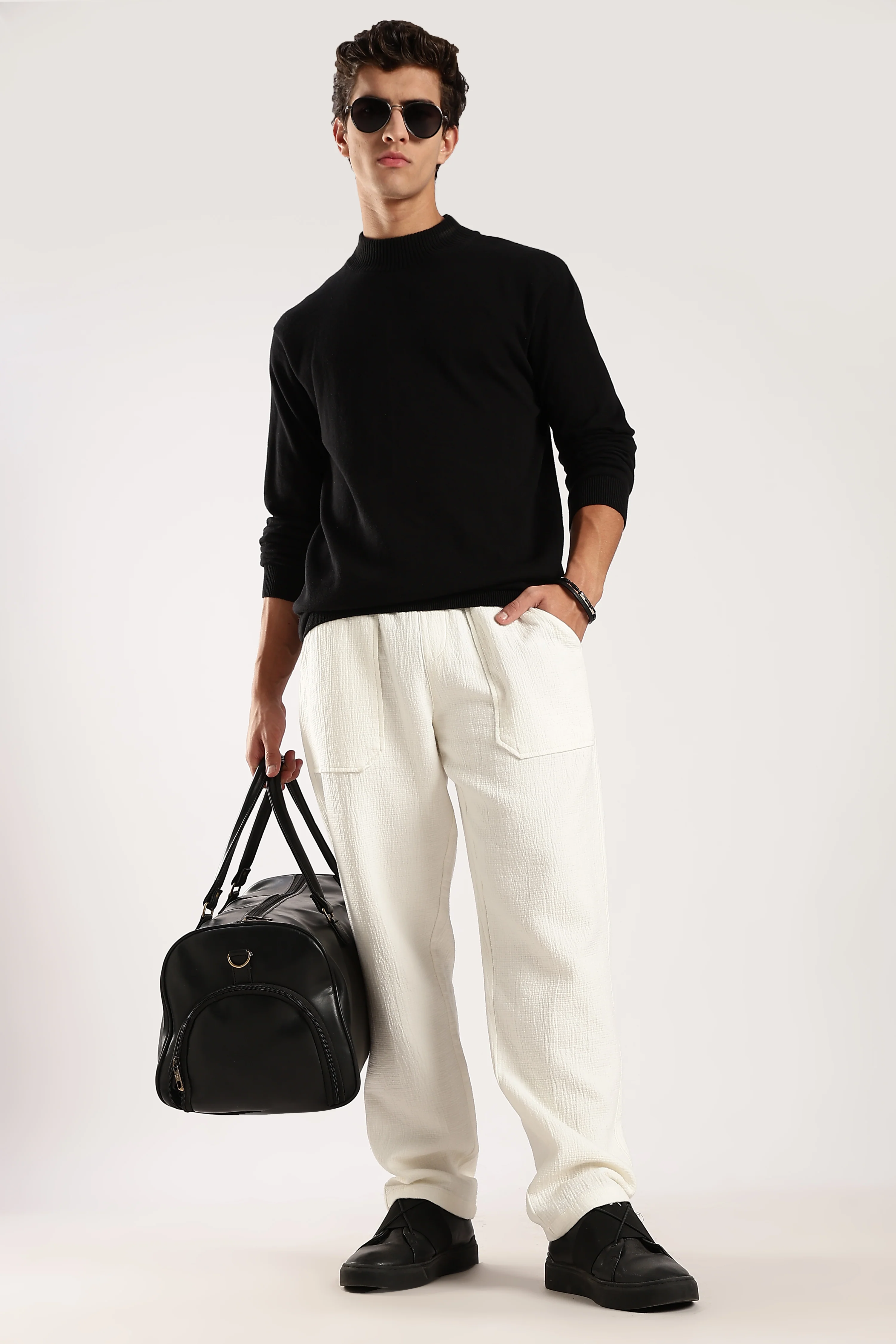 Men White Drawcord Trousers