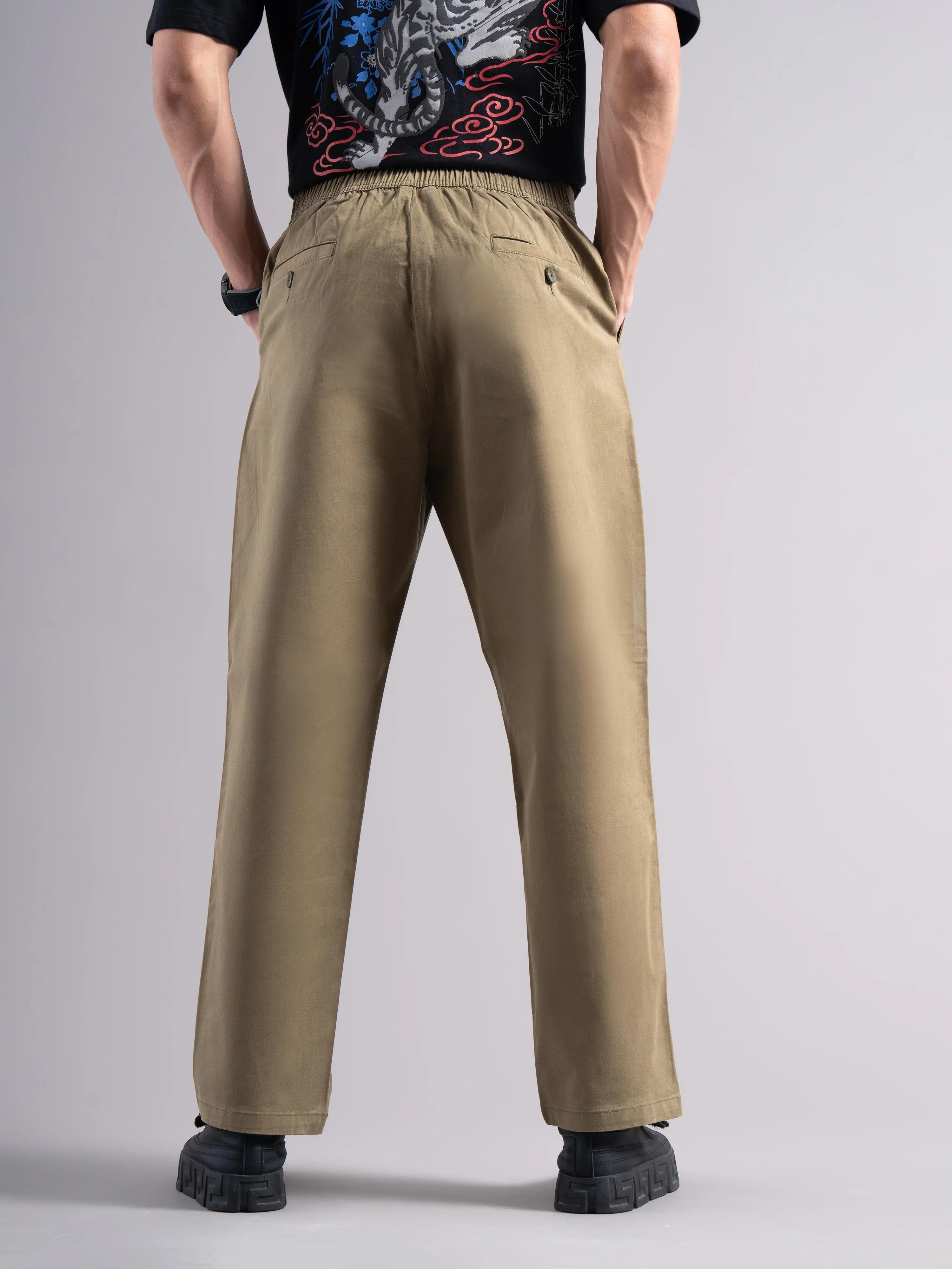 Men Khaki Elastic Waist Trousers - Image 2