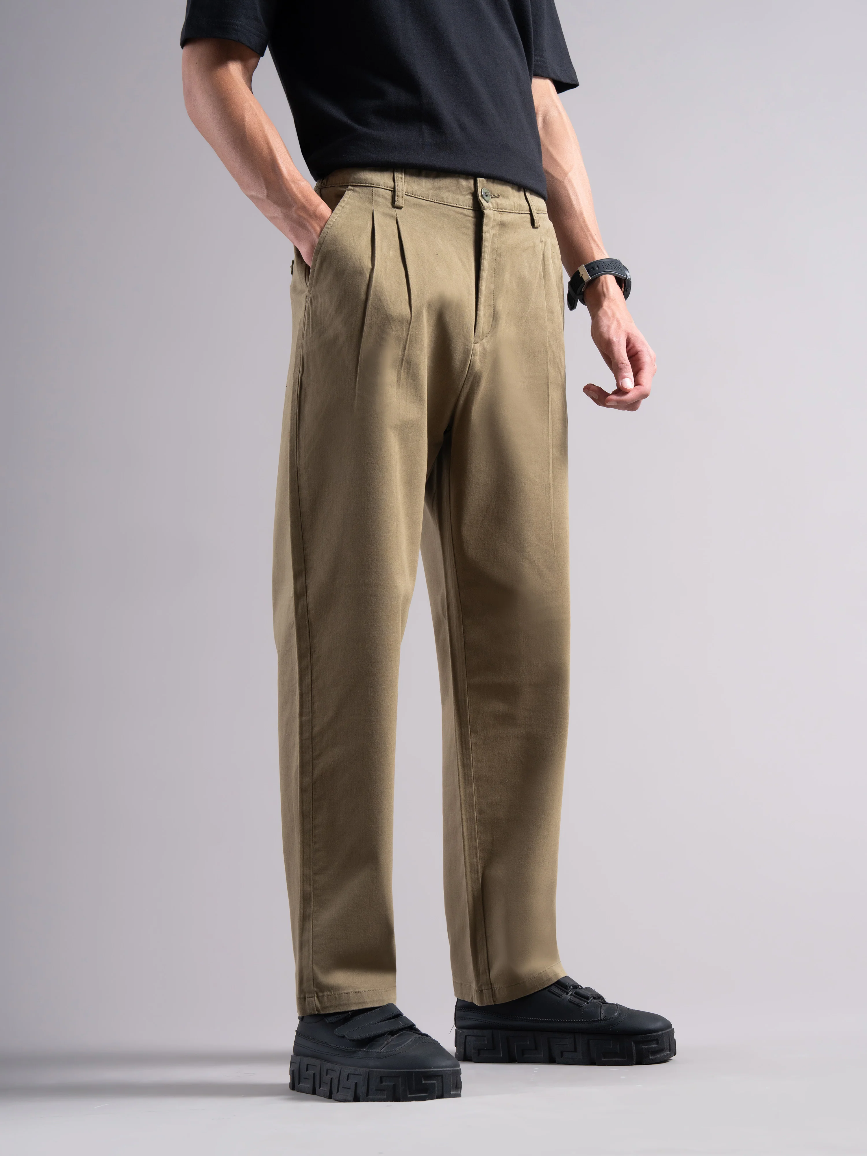 Men Khaki Elastic Waist Trousers - Image 3