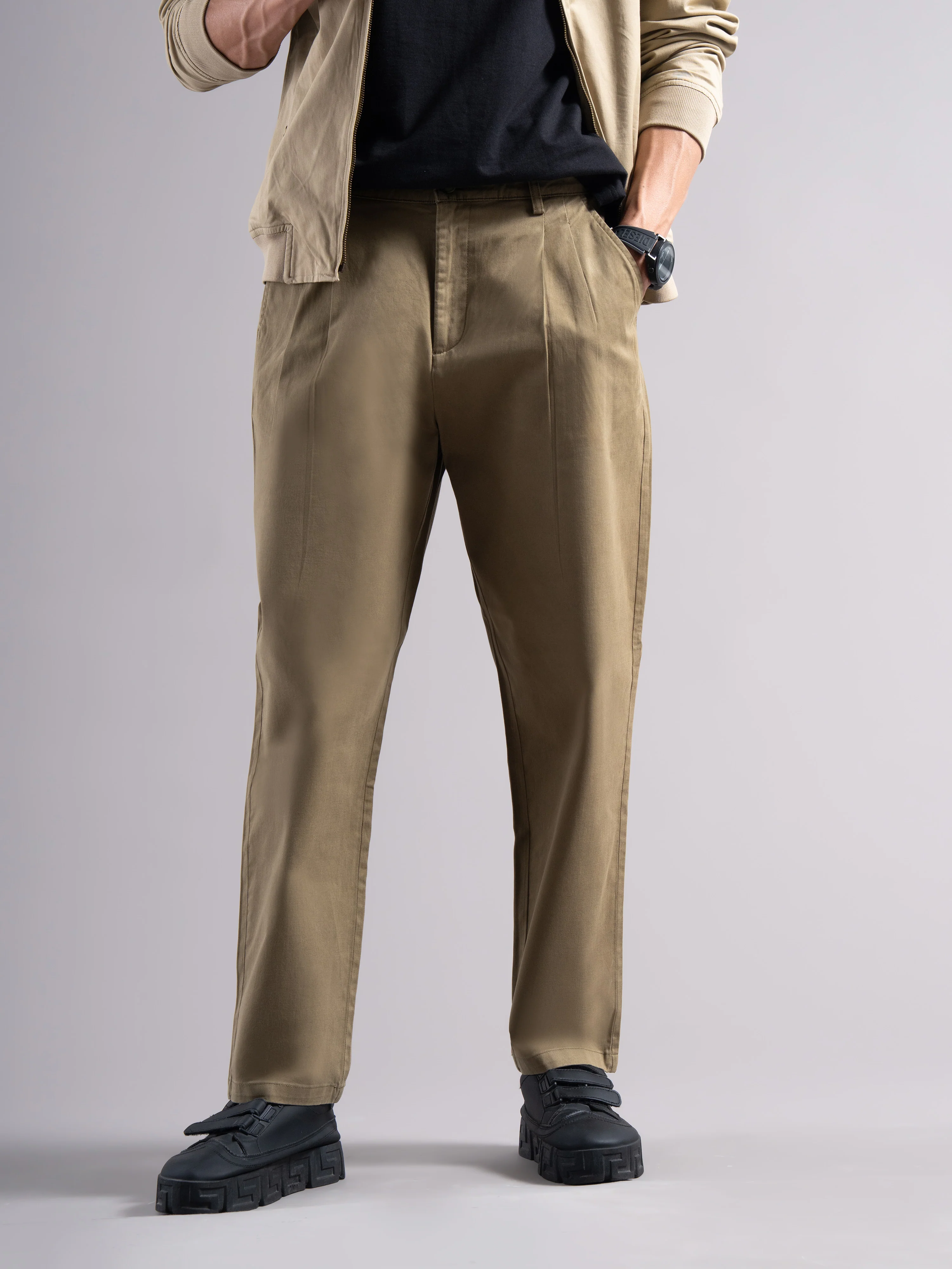 Men Khaki Elastic Waist Trousers - Image 6
