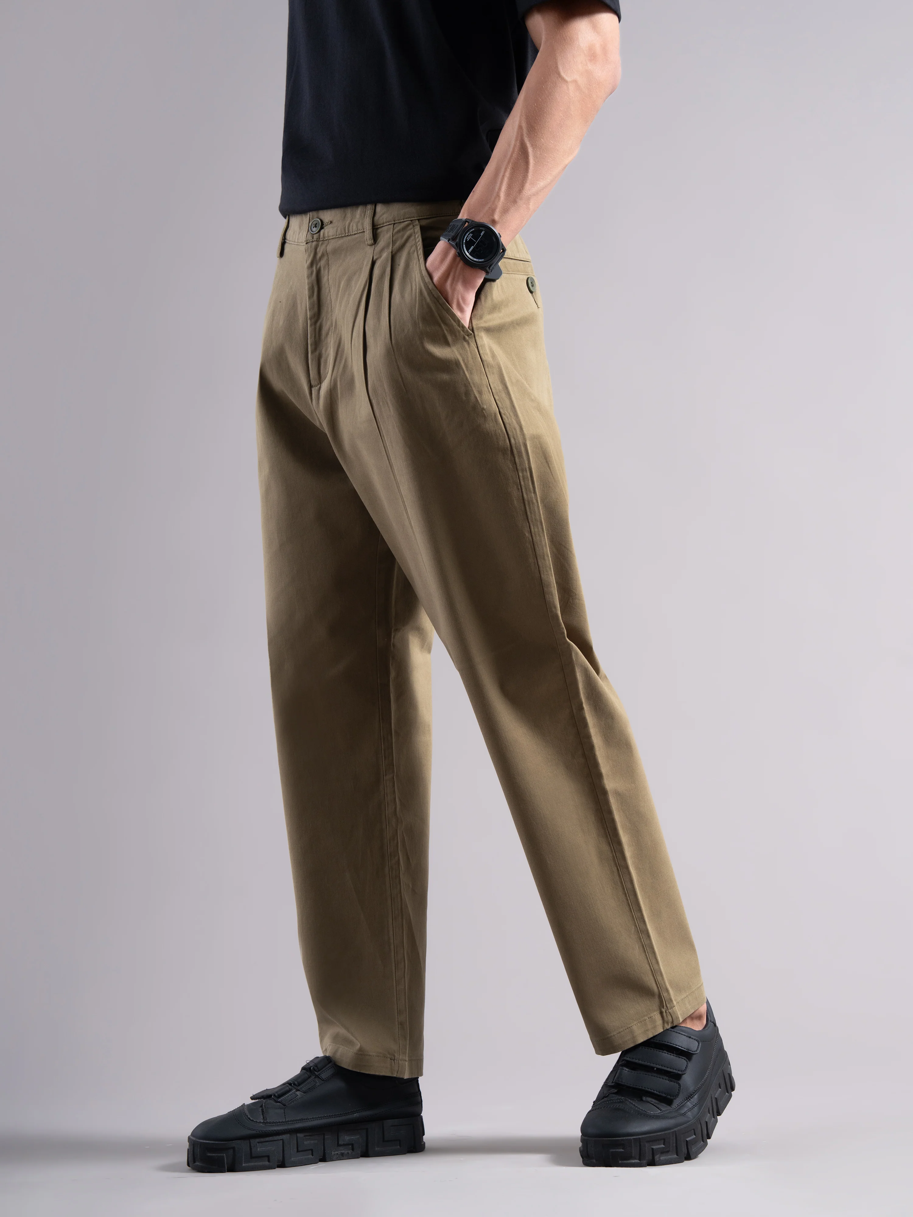 Men Khaki Elastic Waist Trousers - Image 7