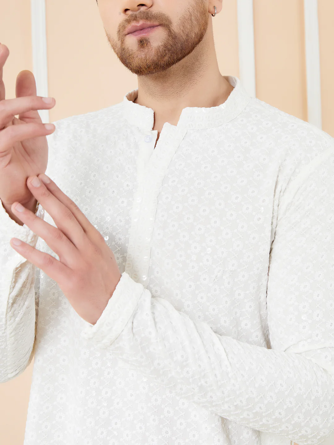 Men  White Embroidered Sequined Rayon Kurta - Image 2