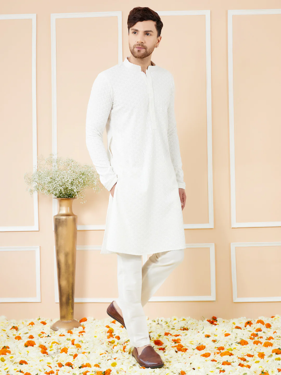 Men  White Embroidered Sequined Rayon Kurta - Image 3