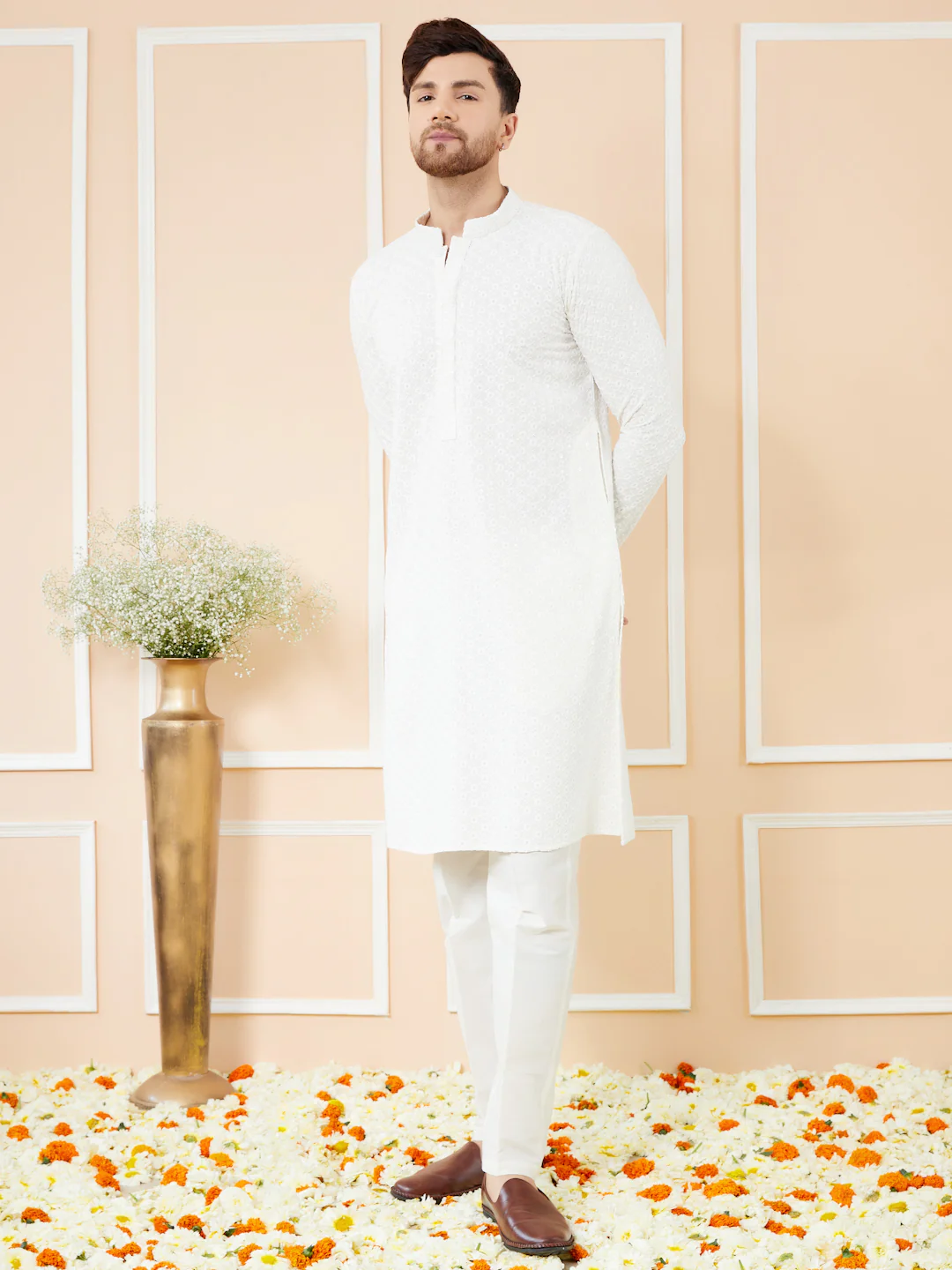 Men  White Embroidered Sequined Rayon Kurta - Image 4