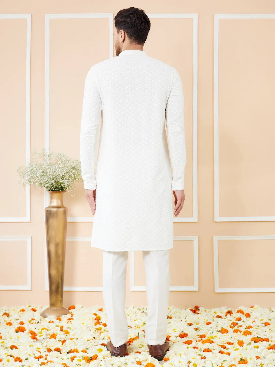 Men  White Embroidered Sequined Rayon Kurta - Image 5