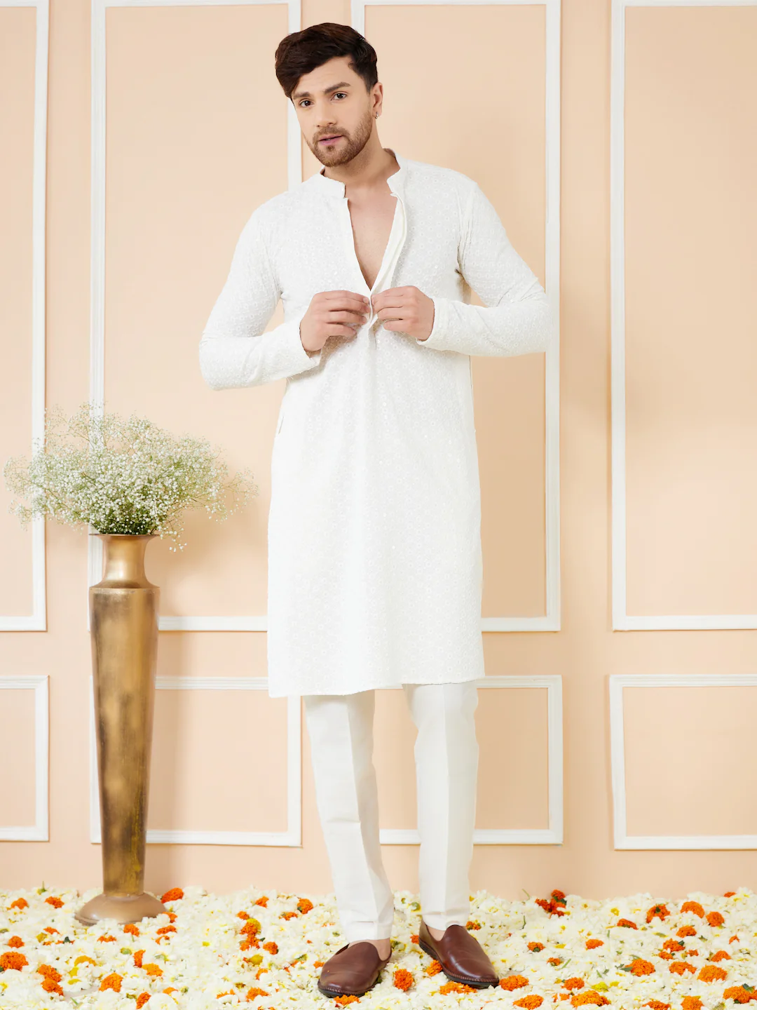 Men  White Embroidered Sequined Rayon Kurta - Image 6