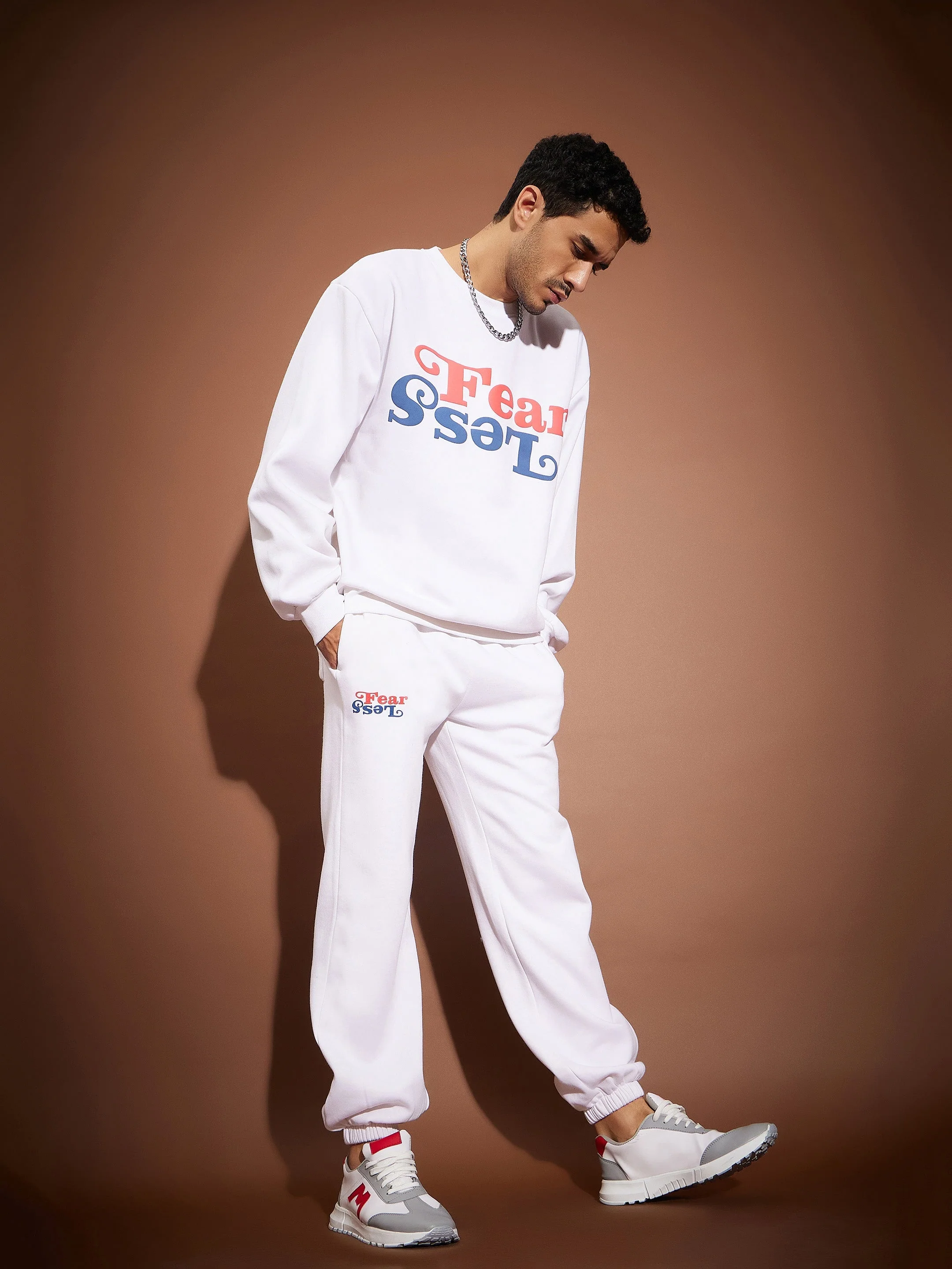 Men White Fear Less Oversized Sweatshirt With Joggers - Image 3