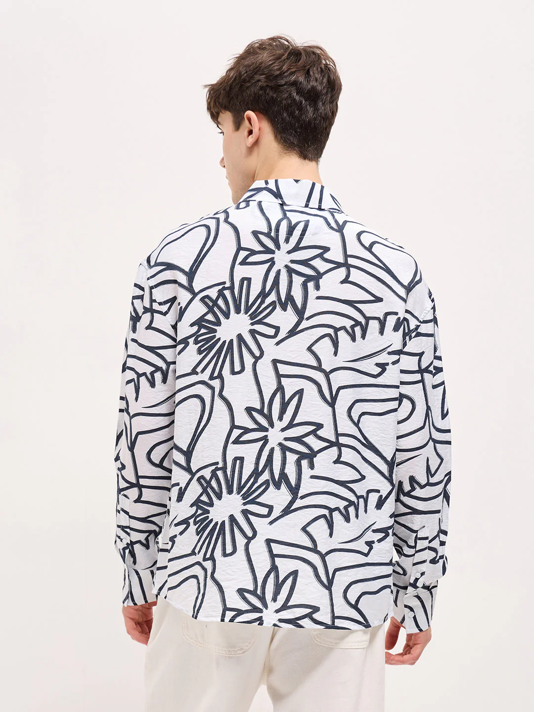 Men White Floral abstract printed Relax Fit Overshirt - Image 2