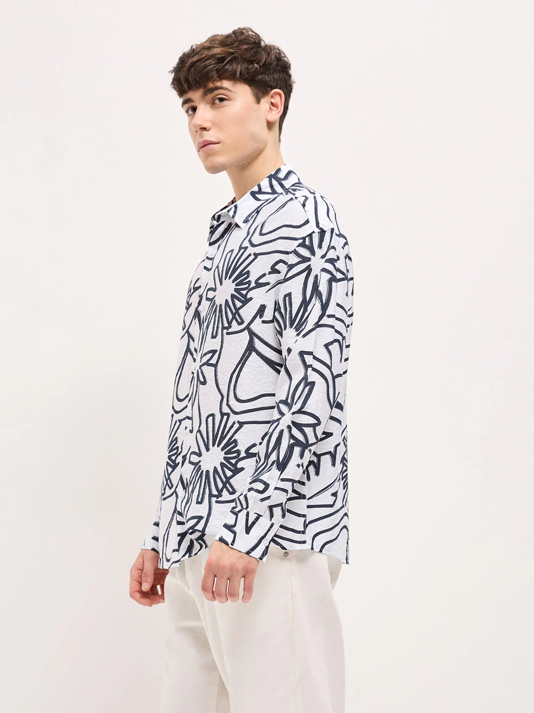 Men White Floral abstract printed Relax Fit Overshirt - Image 3