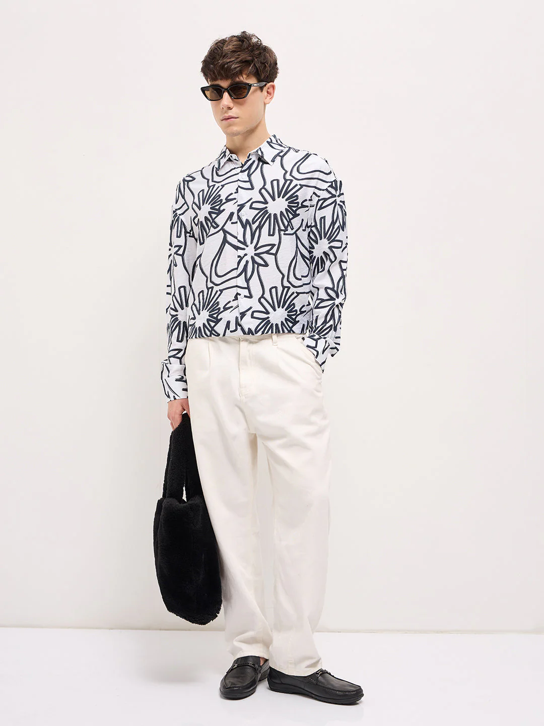 Men White Floral abstract printed Relax Fit Overshirt - Image 4