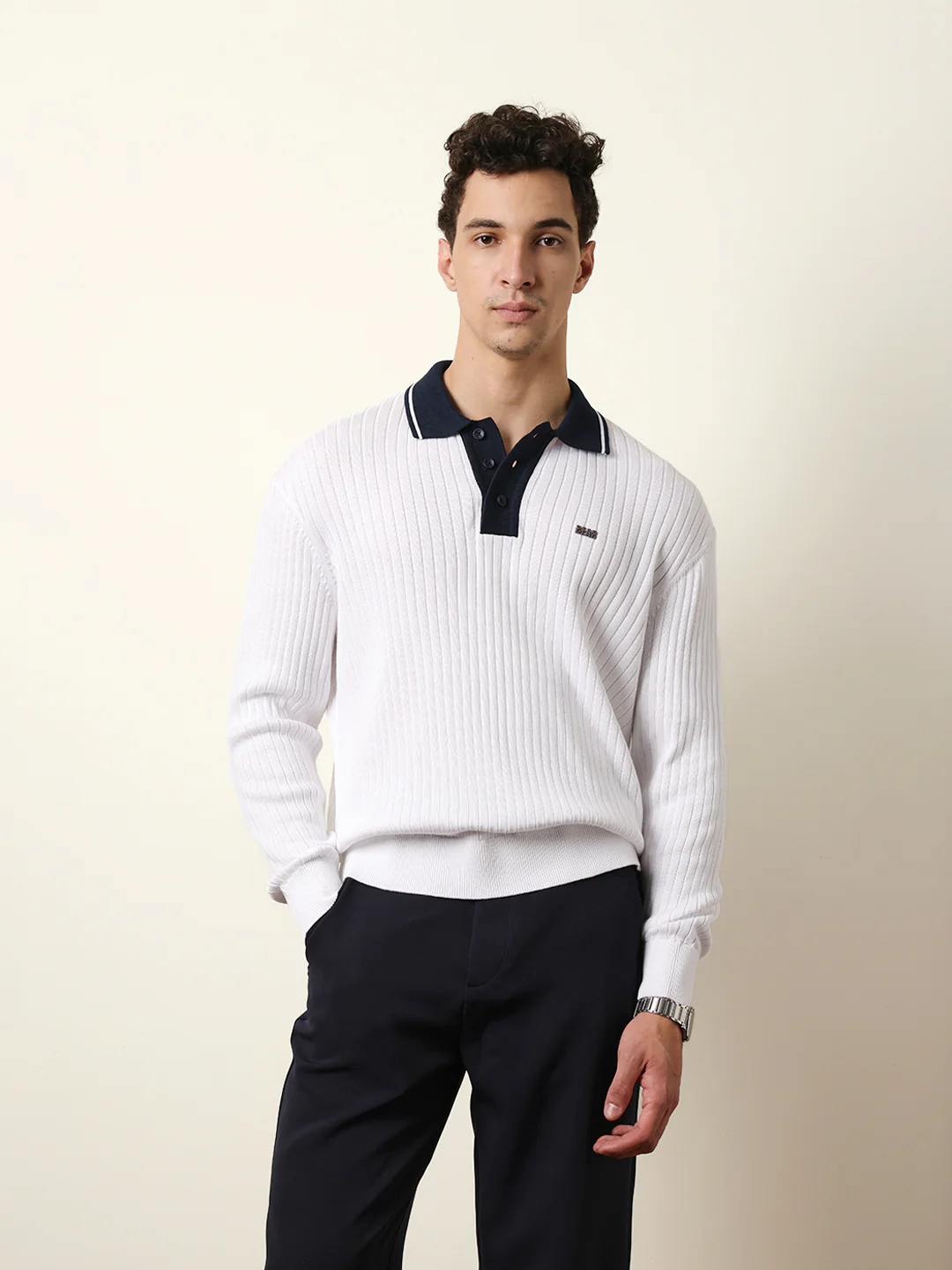 Men White Full Sleeve Polo T-Shirt - Image 3