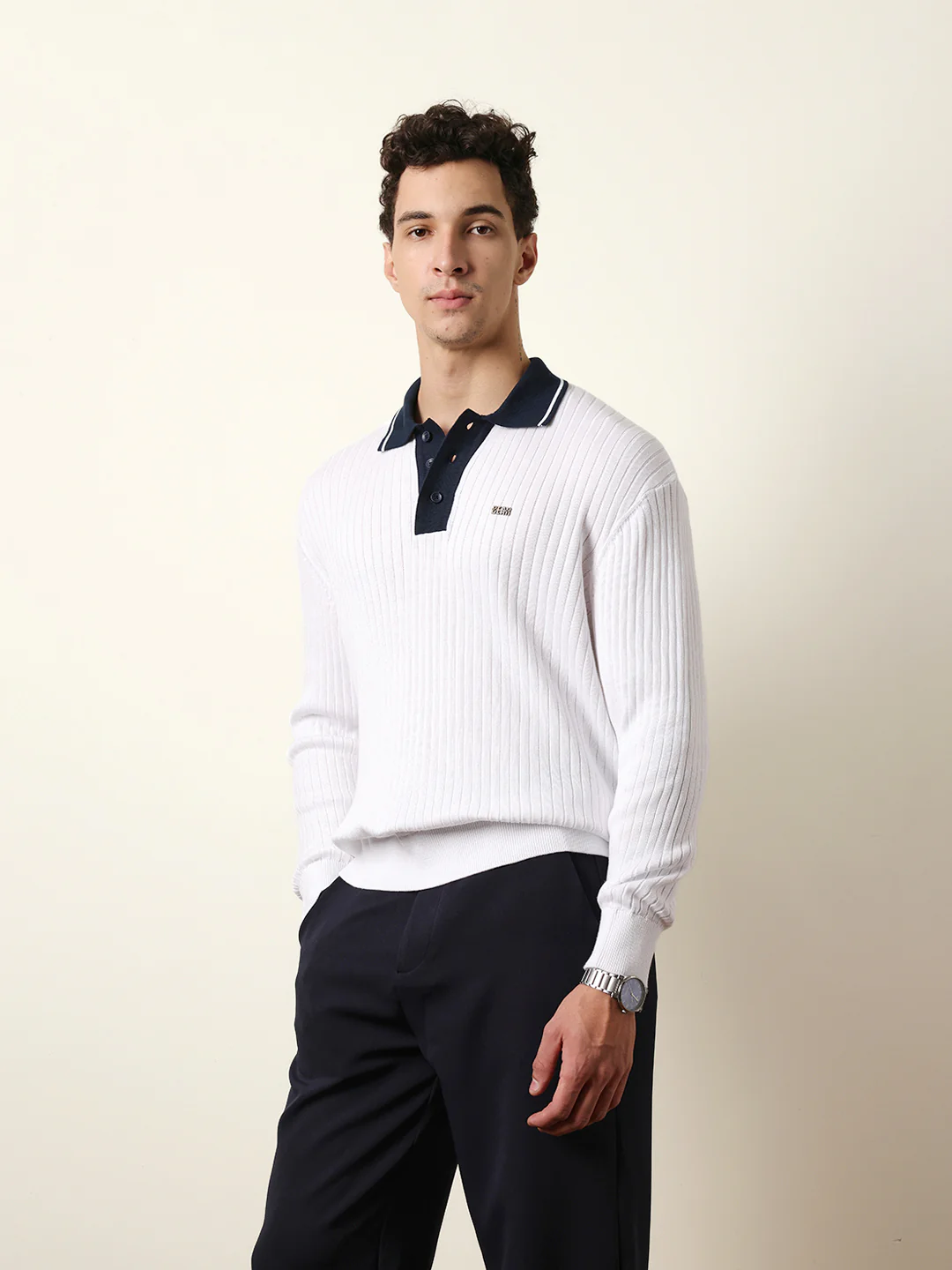 Men White Full Sleeve Polo T-Shirt - Image 4