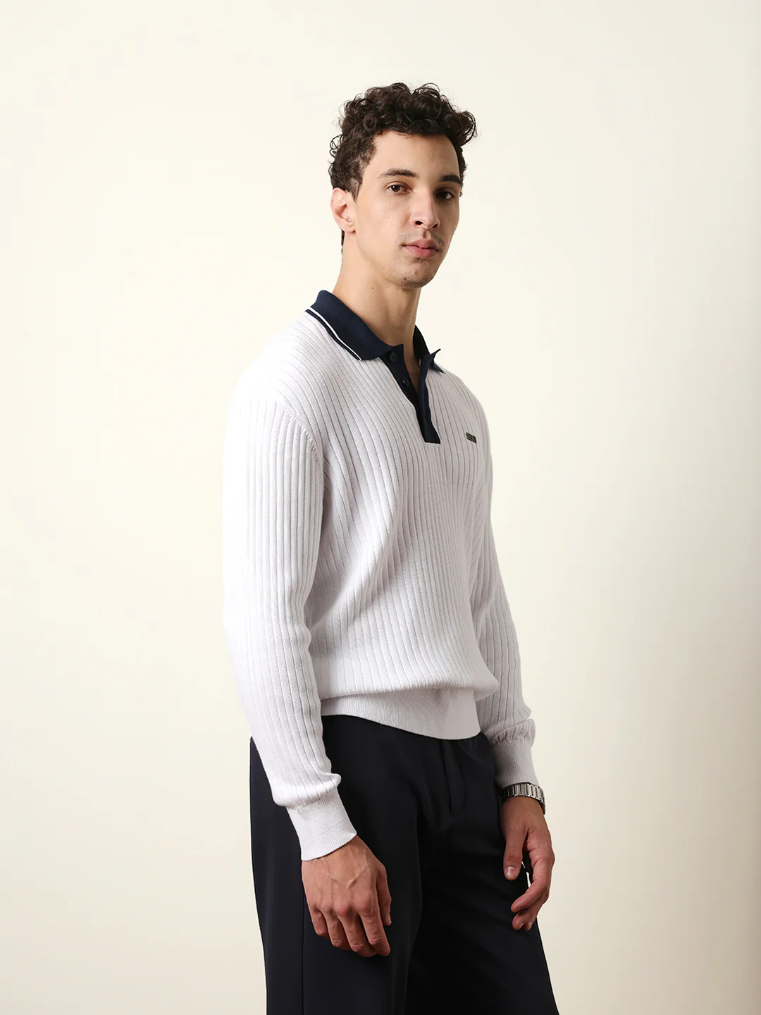 Men White Full Sleeve Polo T-Shirt - Image 5