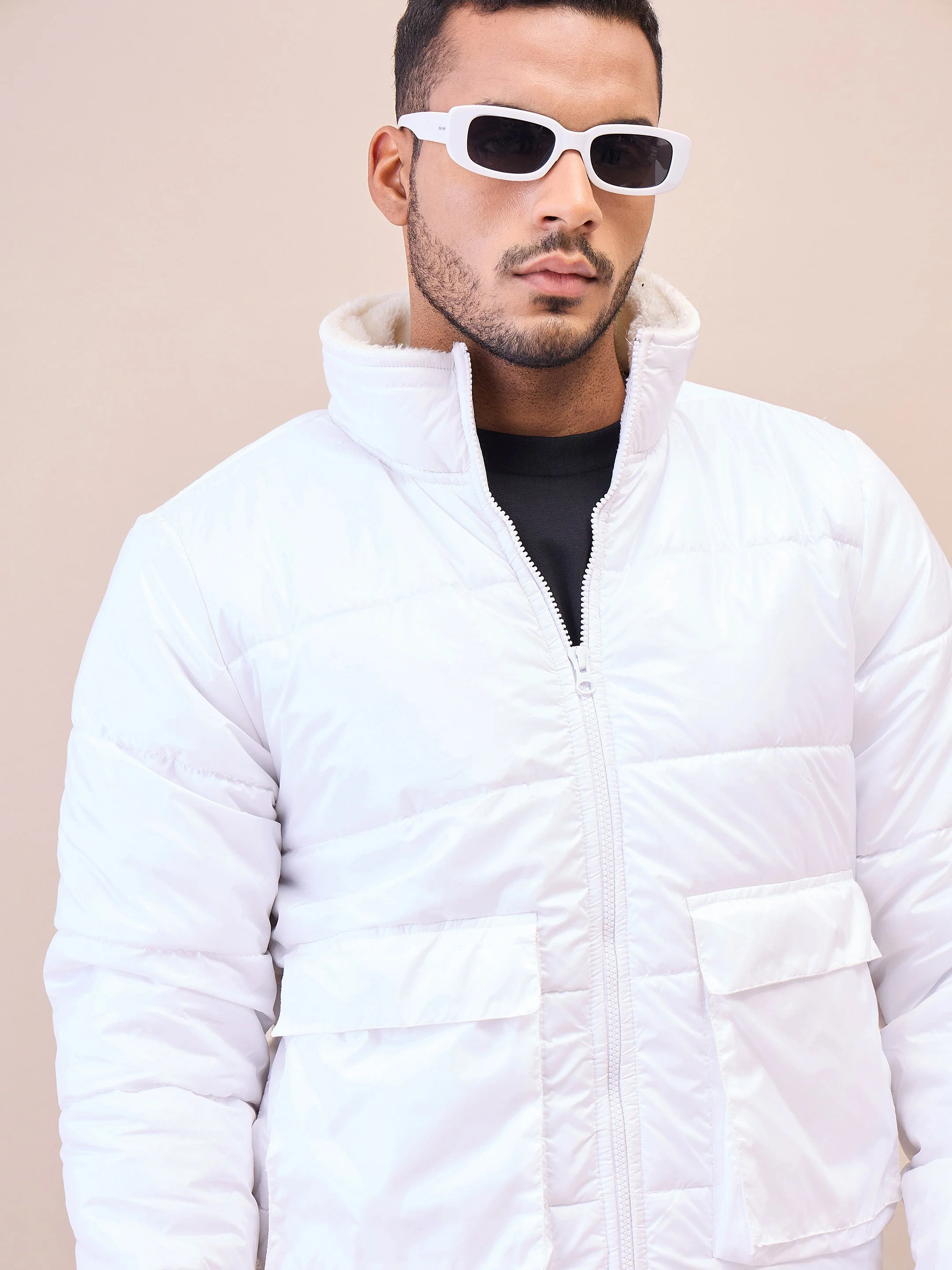 Men White Fur Collar Puffer Jacket - Image 2
