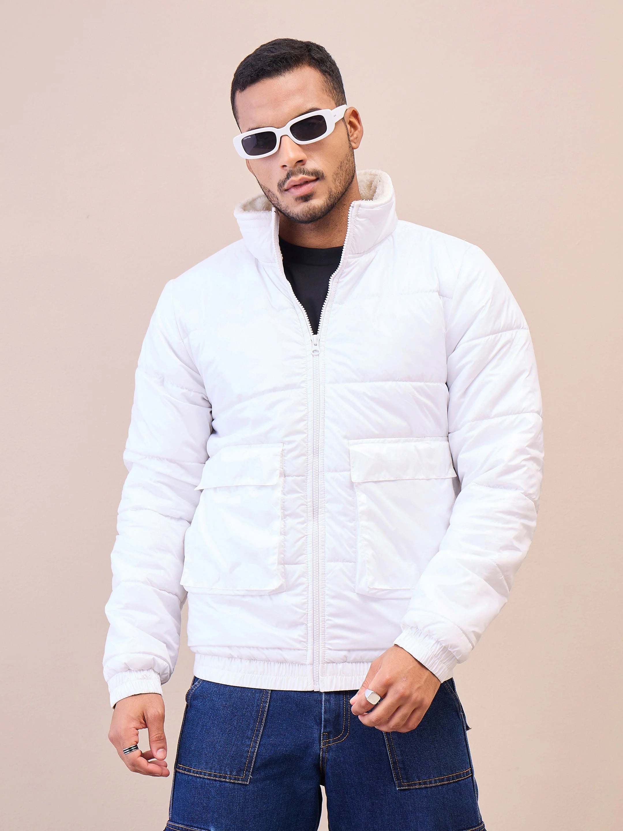 Men White Fur Collar Puffer Jacket - Image 4