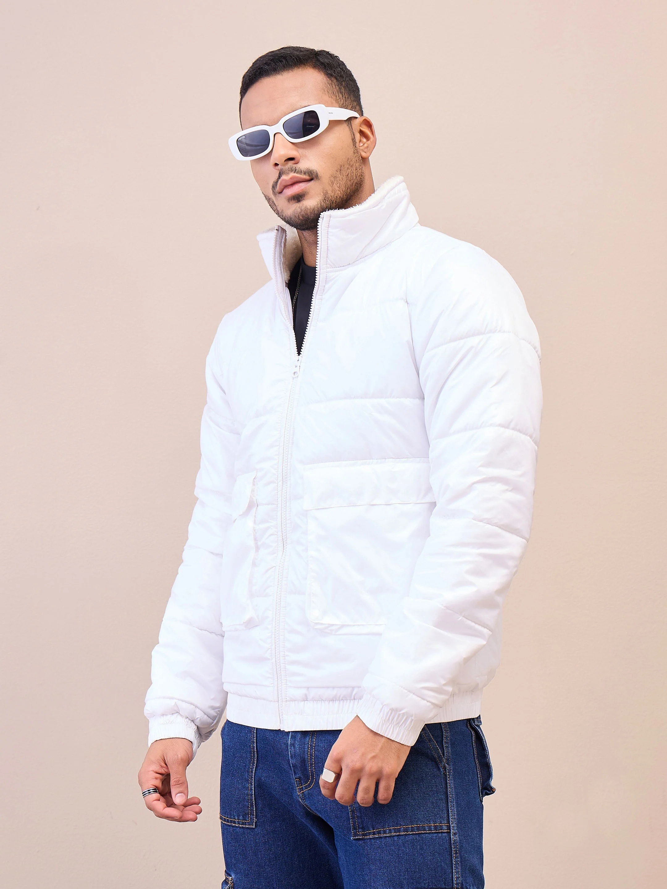 Men White Fur Collar Puffer Jacket - Image 5