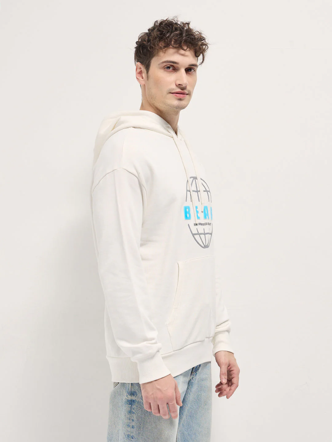 Men White Graphic globe illustration Design Relax Fit Hoodie - Image 3