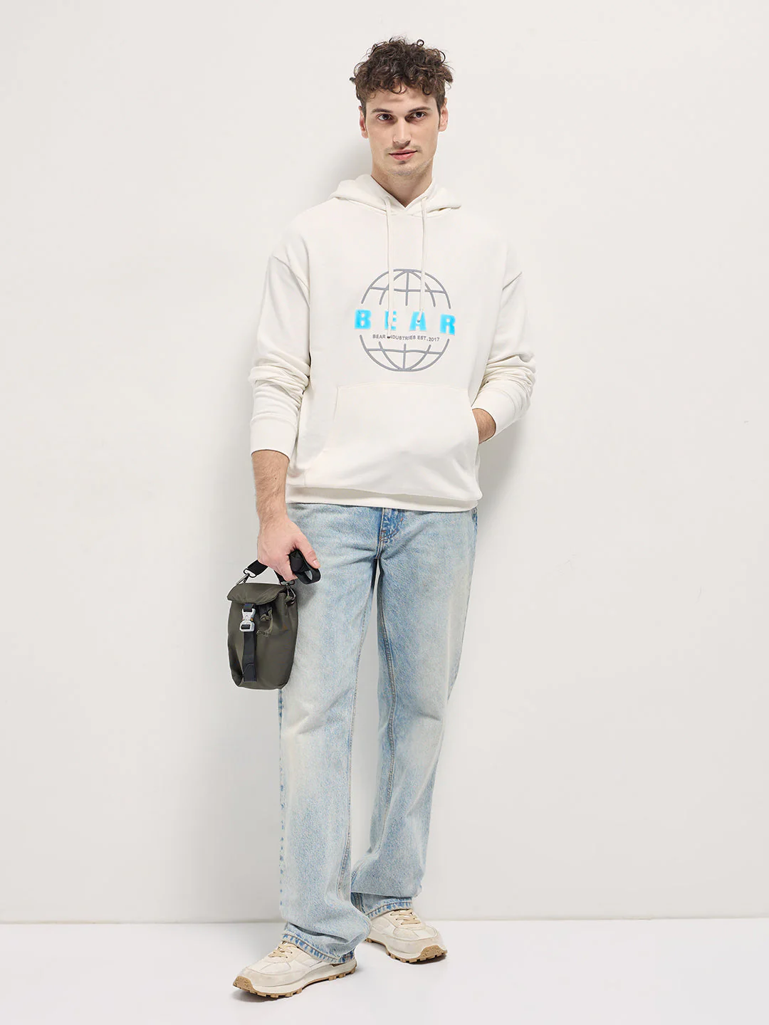 Men White Graphic globe illustration Design Relax Fit Hoodie - Image 4