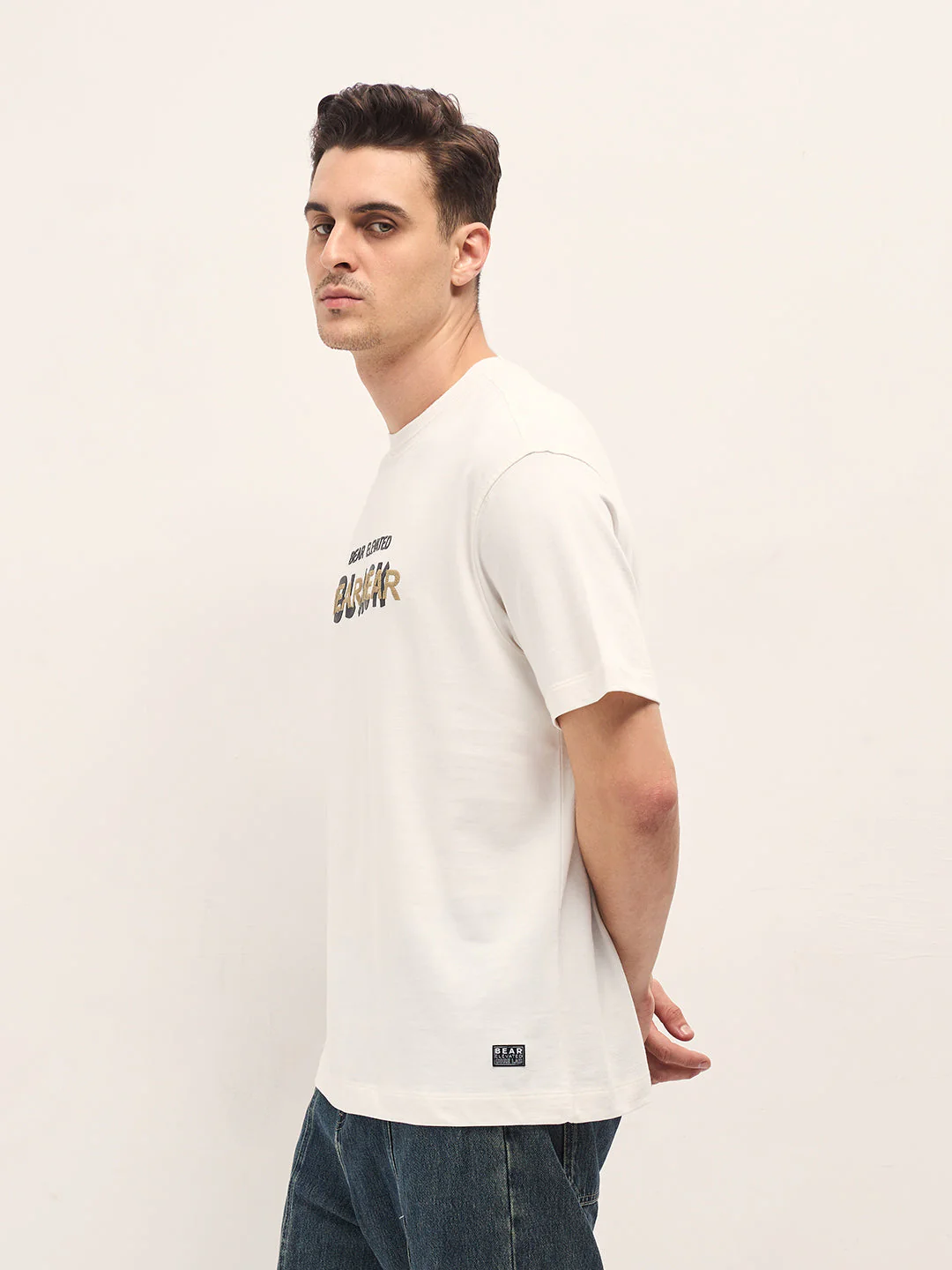 Men White Graphic Overlapping Text Oversize Crew Neck T-shirt - Image 3