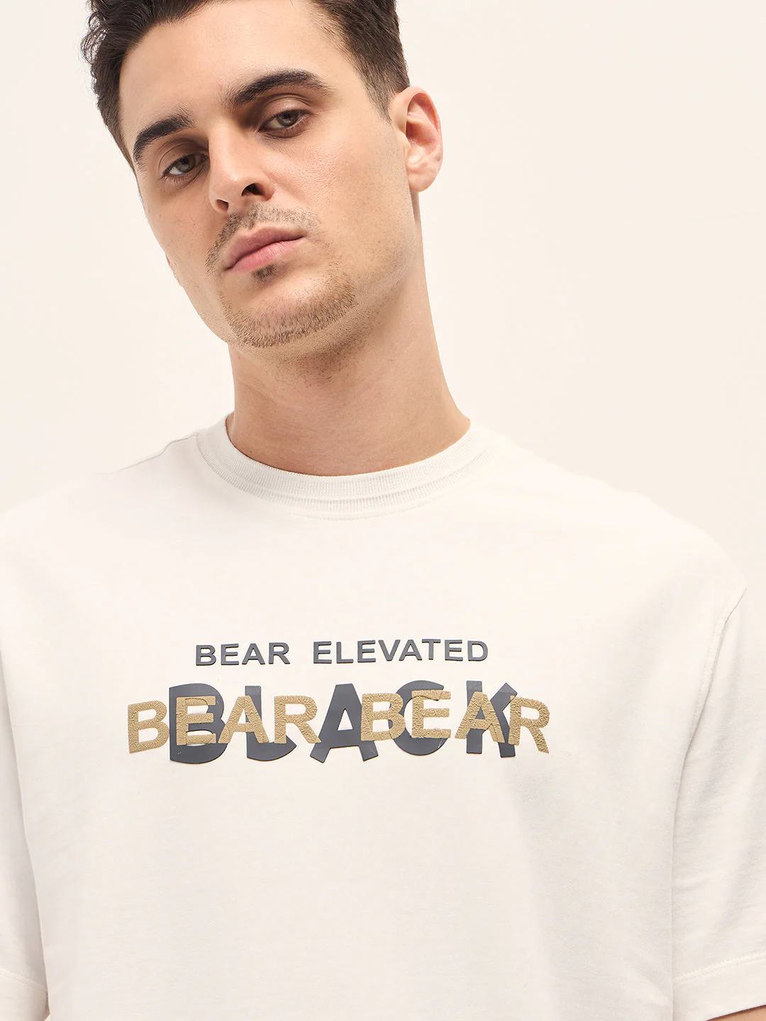 Men White Graphic Overlapping Text Oversize Crew Neck T-shirt - Image 5