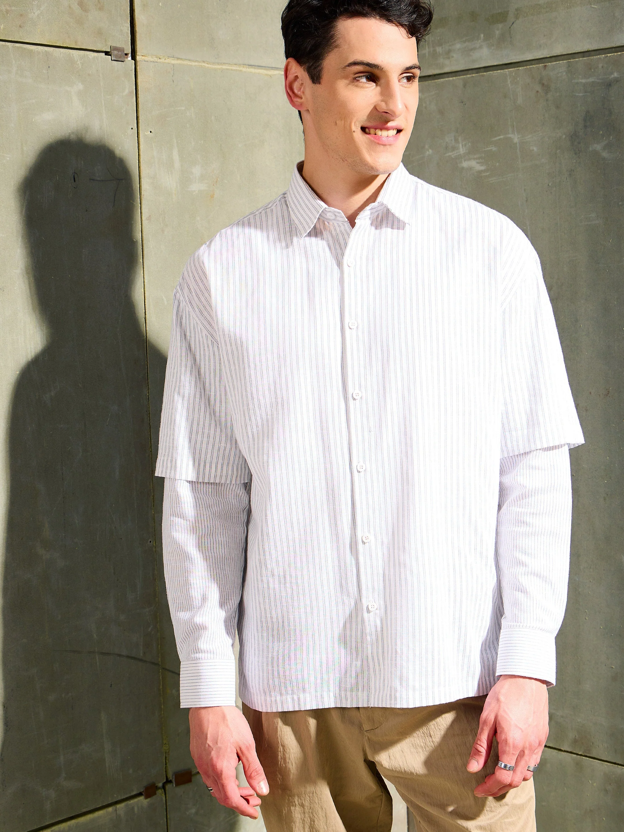 Men White & Grey Stripes Overlap Sleeve Relax Fit Shirt - Image 2