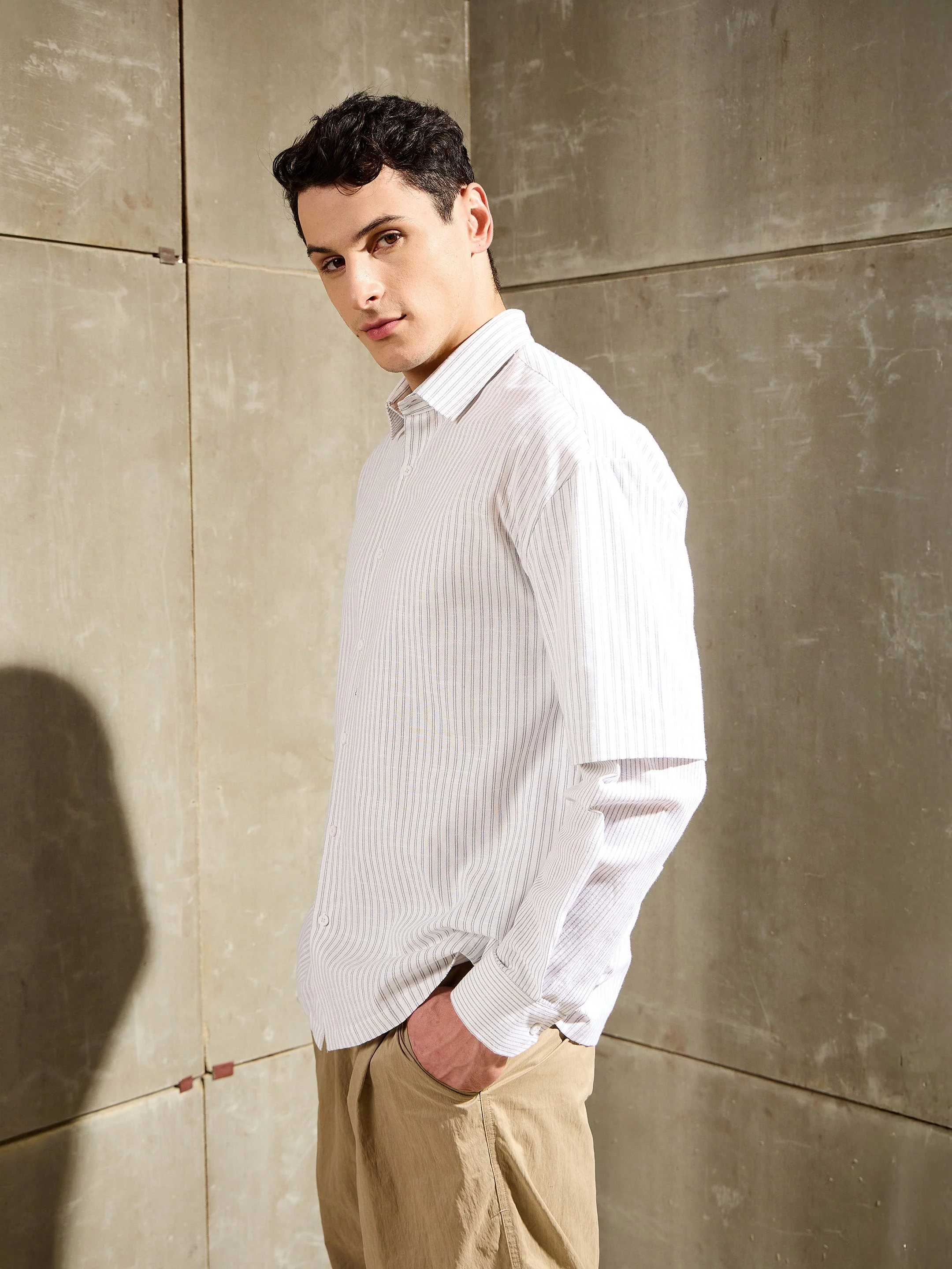 Men White & Grey Stripes Overlap Sleeve Relax Fit Shirt - Image 3