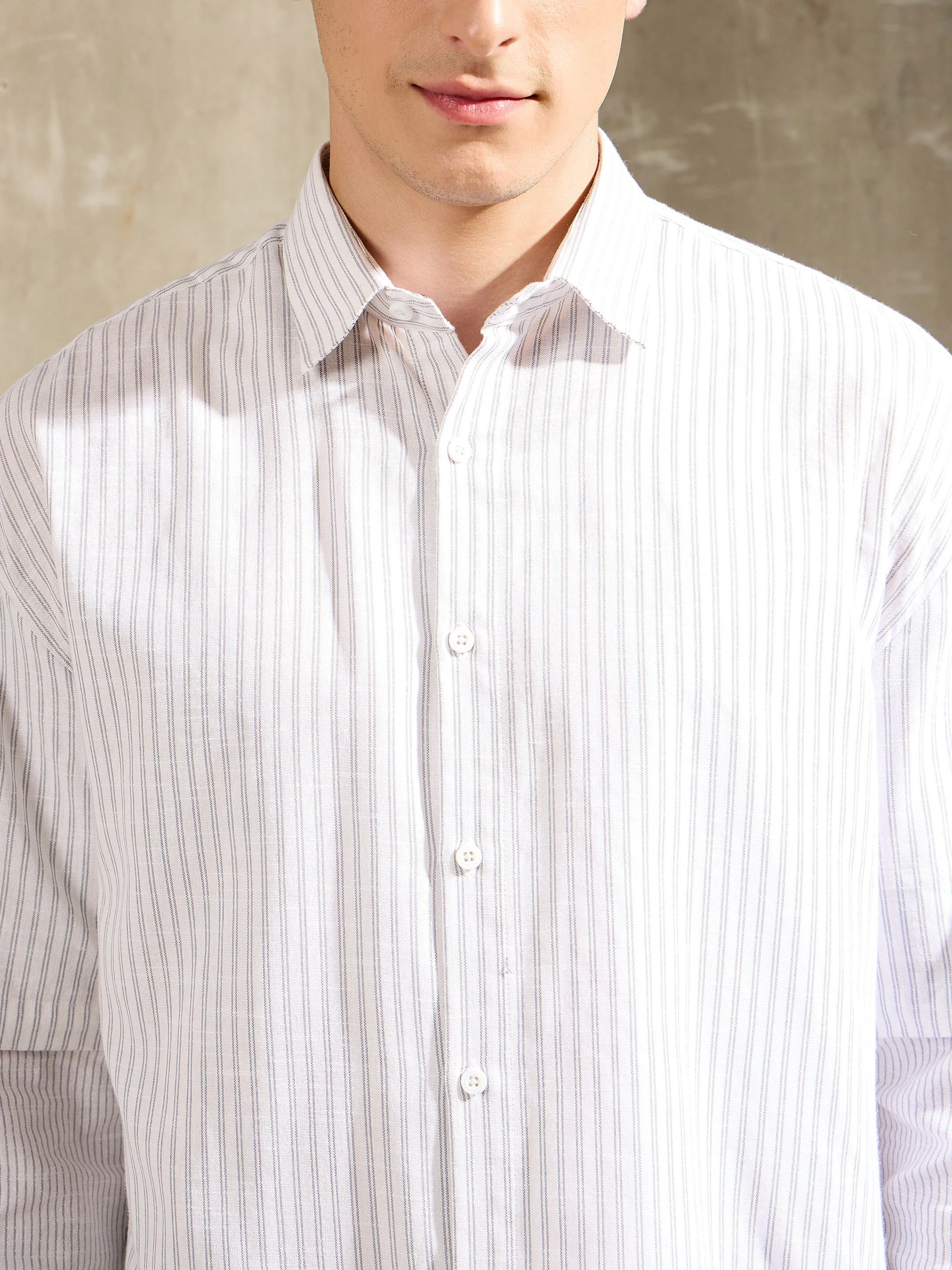 Men White & Grey Stripes Overlap Sleeve Relax Fit Shirt - Image 4