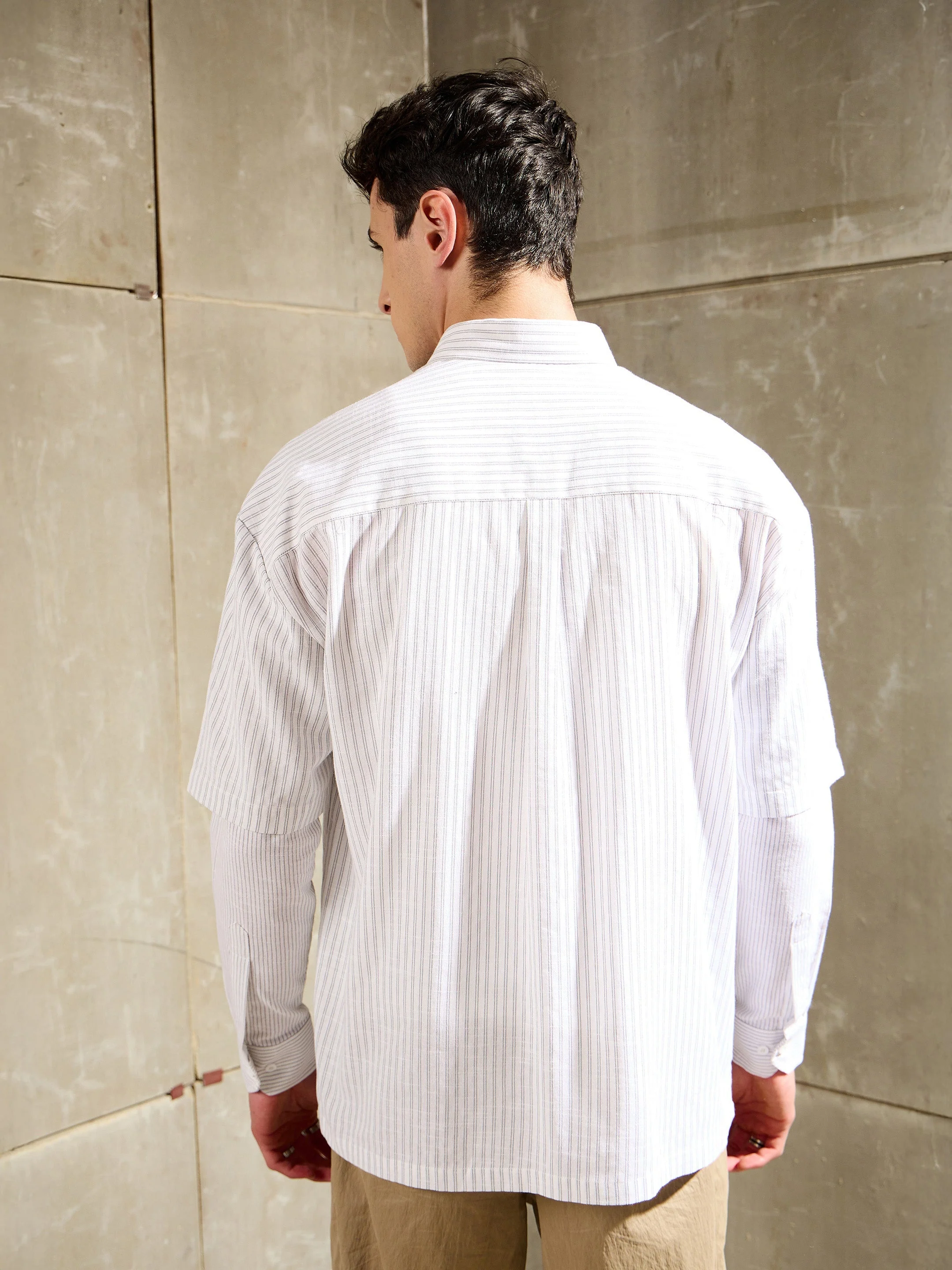 Men White & Grey Stripes Overlap Sleeve Relax Fit Shirt - Image 5