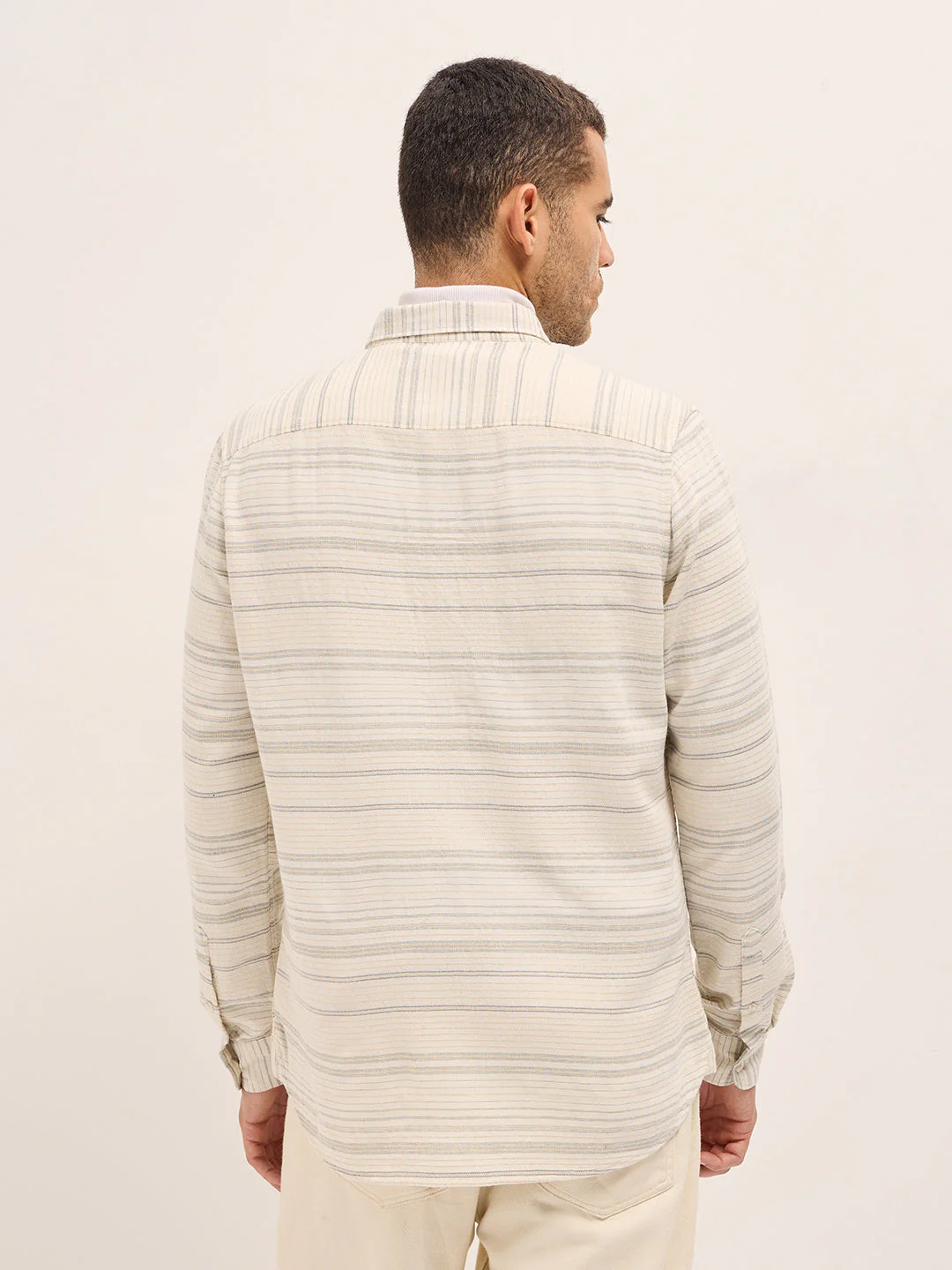 Men White Horizontal Stripe Slim Fit Casual Shirt - Image 2