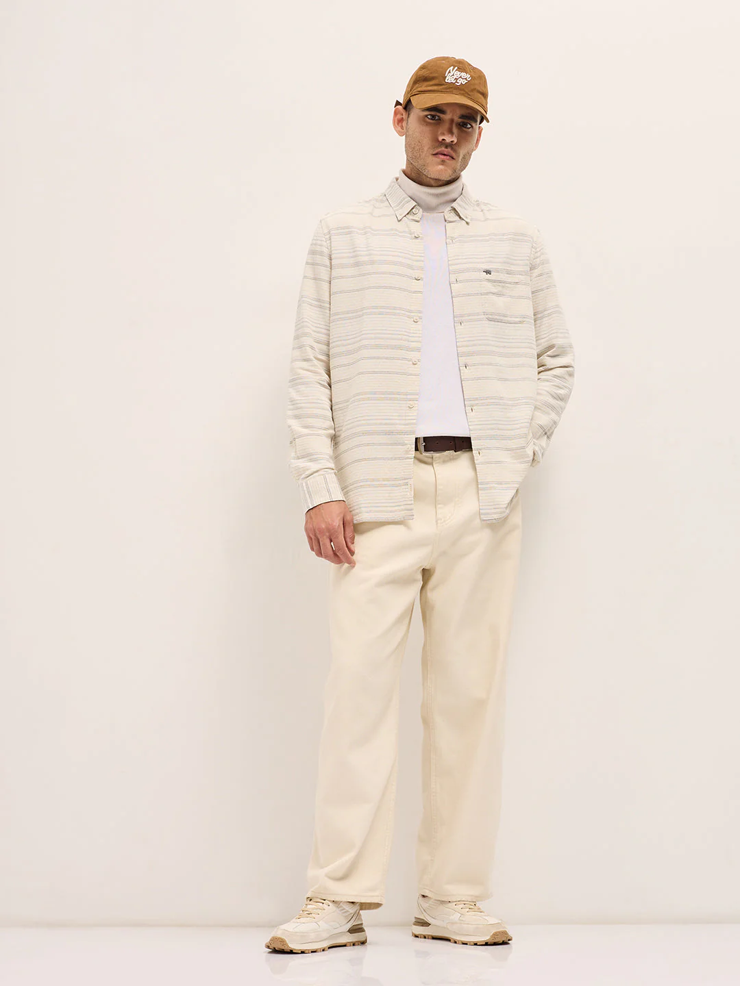 Men White Horizontal Stripe Slim Fit Casual Shirt - Image 4