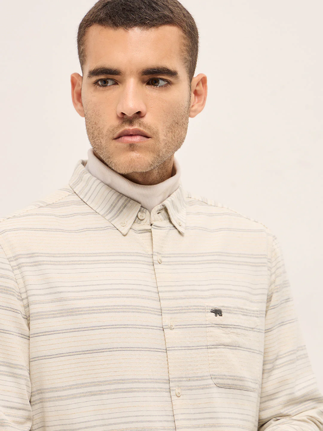 Men White Horizontal Stripe Slim Fit Casual Shirt - Image 5