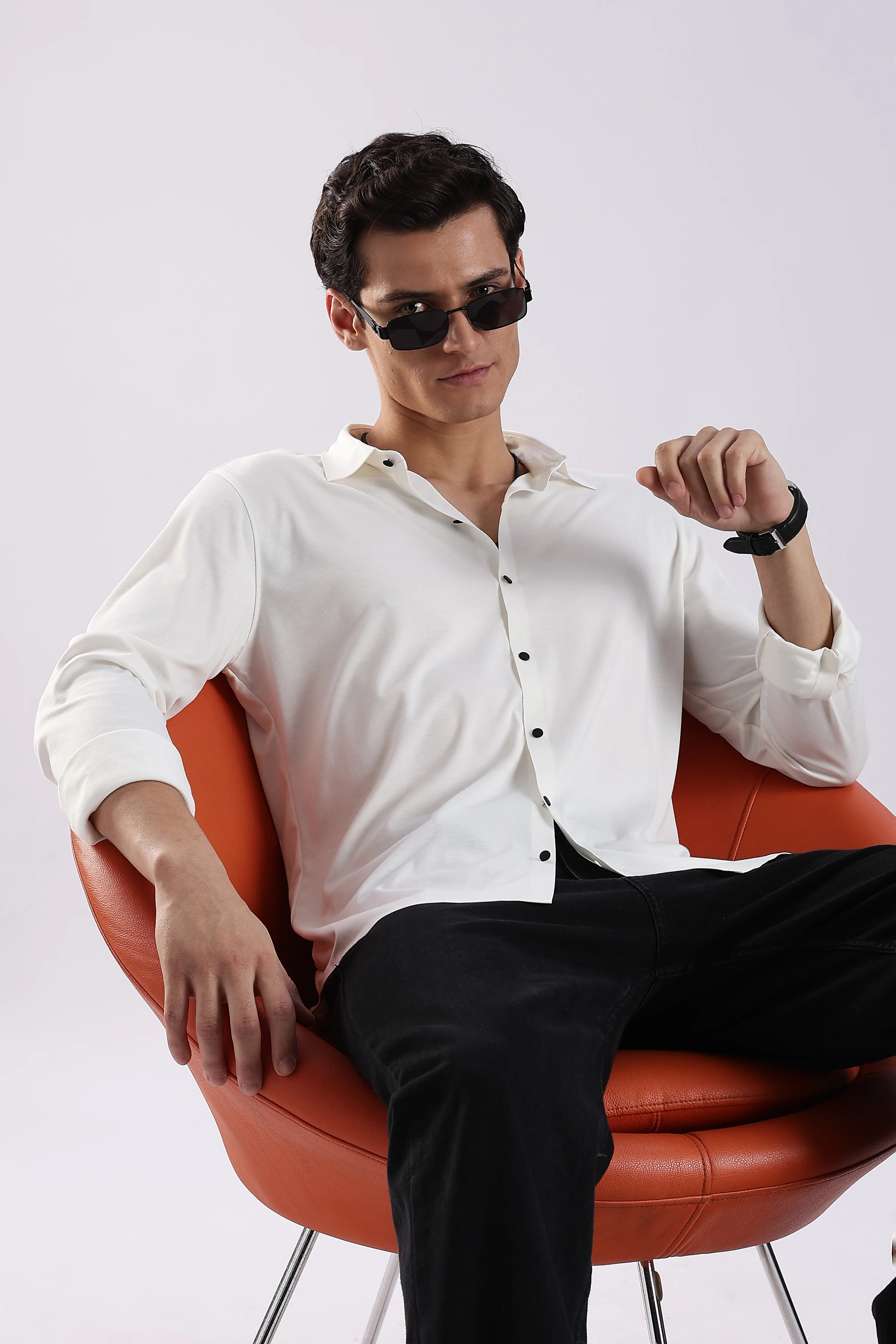 Men White Knitted Slim Fit Shirt - Image 10