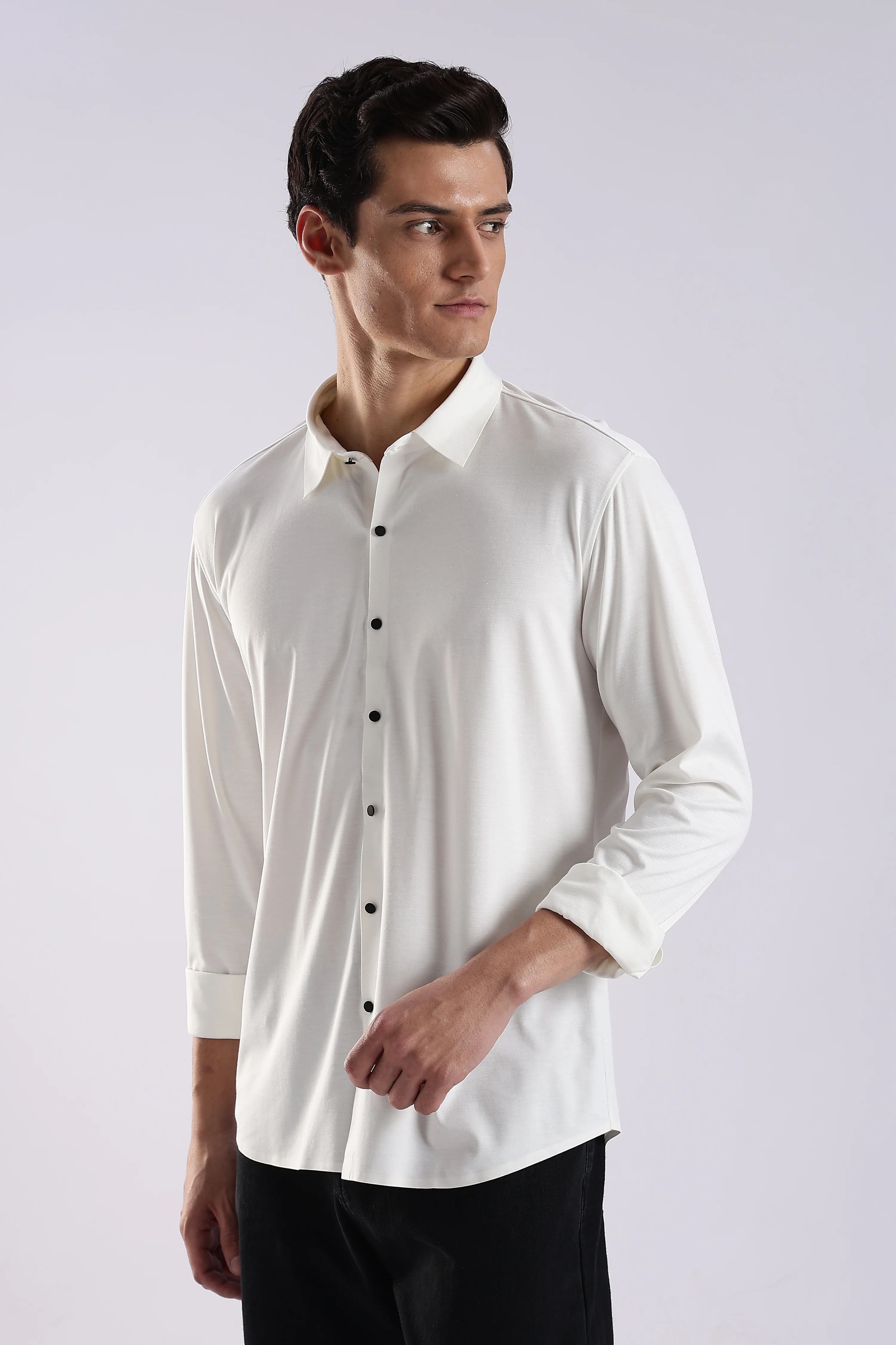 Men White Knitted Slim Fit Shirt - Image 3