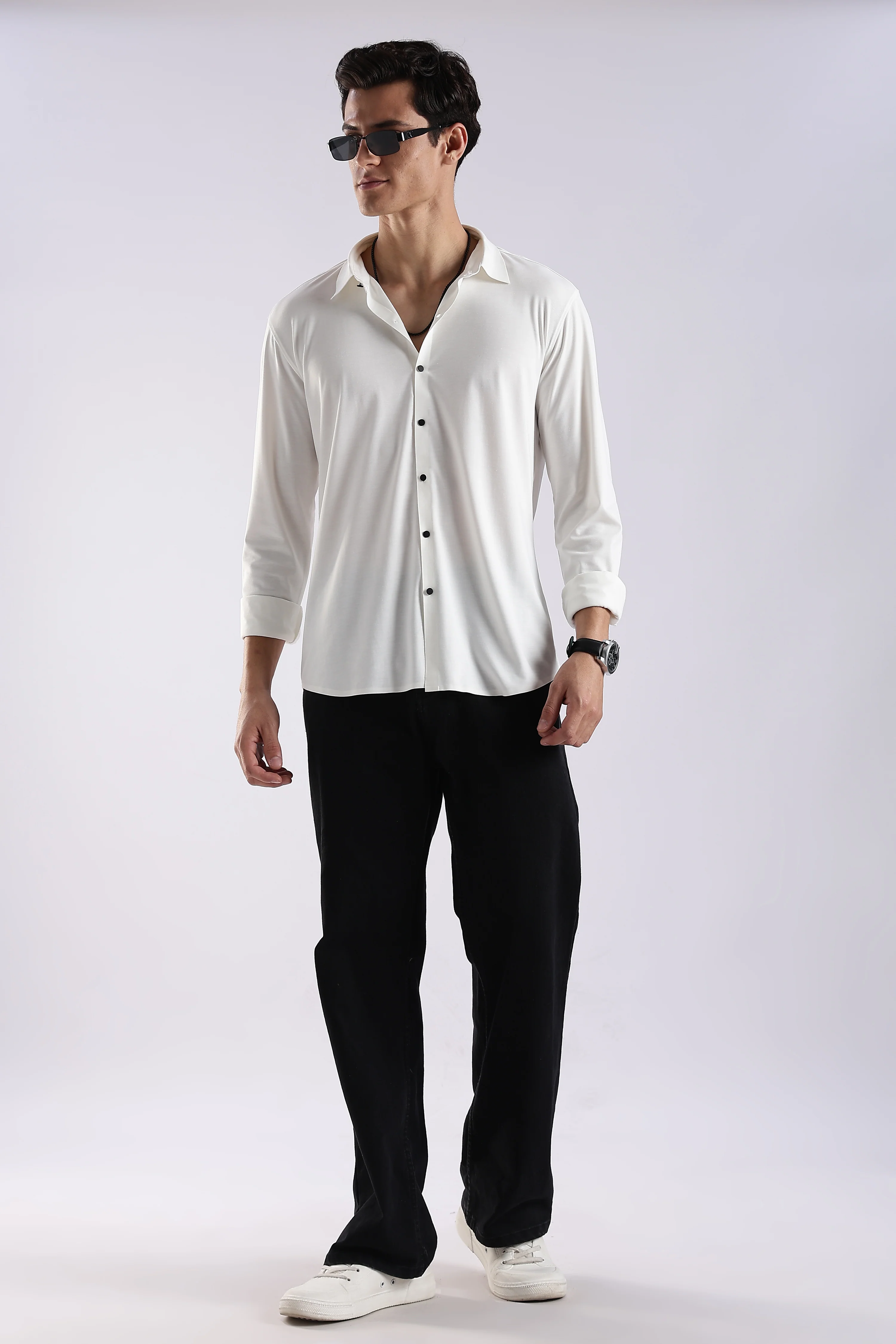 Men White Knitted Slim Fit Shirt - Image 7