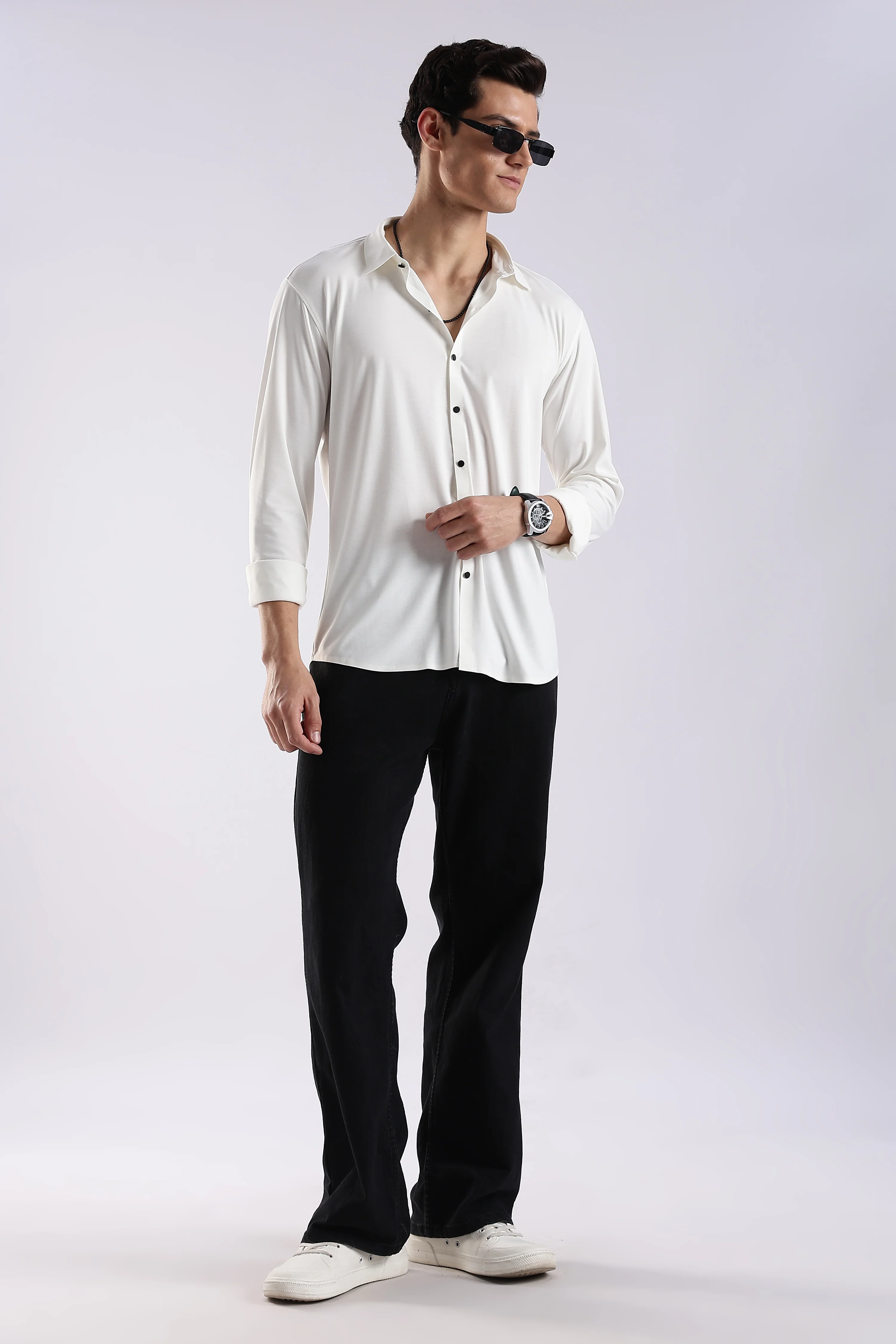 Men White Knitted Slim Fit Shirt - Image 8