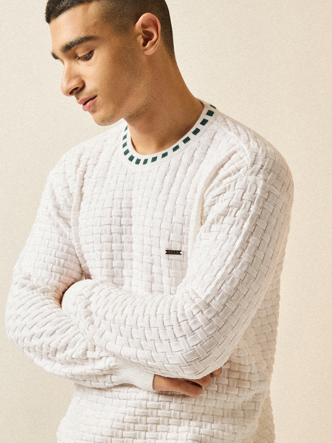 Men White Knitted Textured Regular Fit Ribbed Crew Neck T-shirt - Image 5