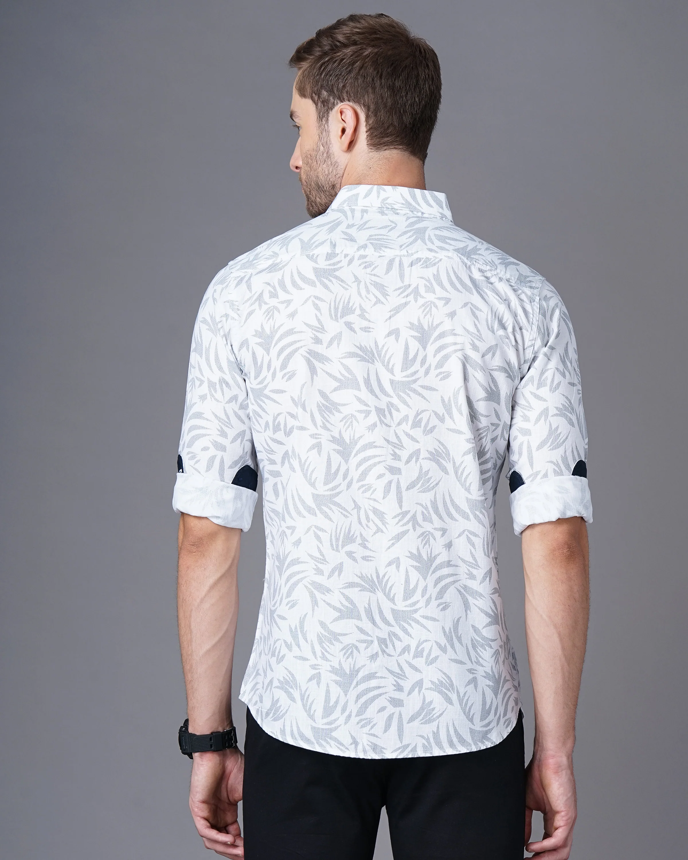 Men White Leaf Print Shirt - Image 3