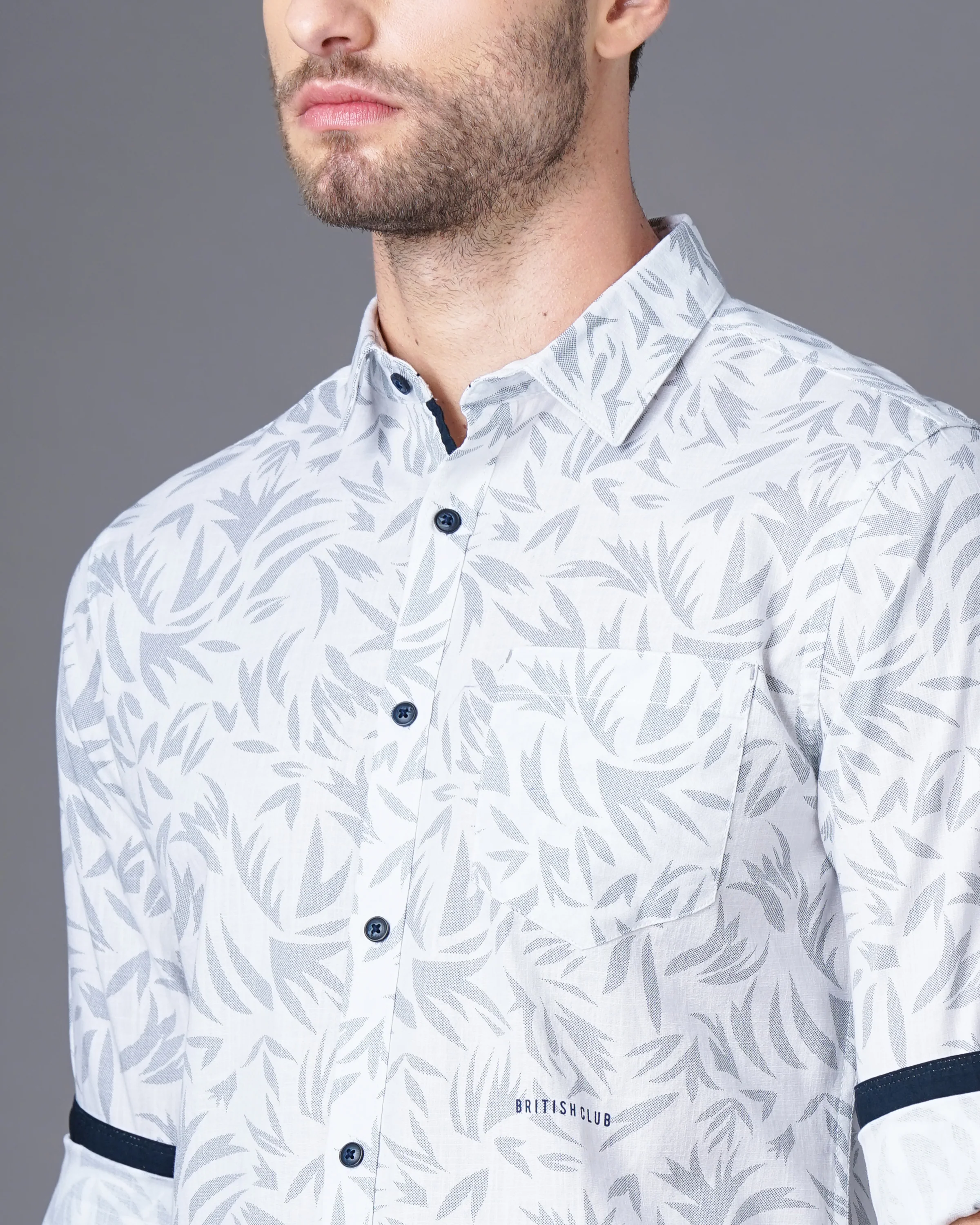 Men White Leaf Print Shirt - Image 4