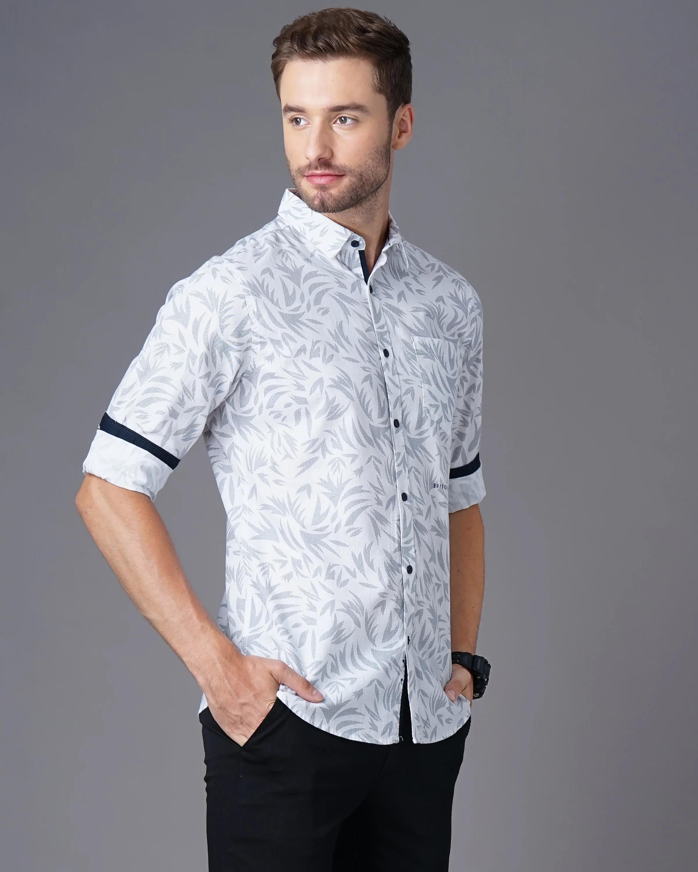 Men White Leaf Print Shirt - Image 5
