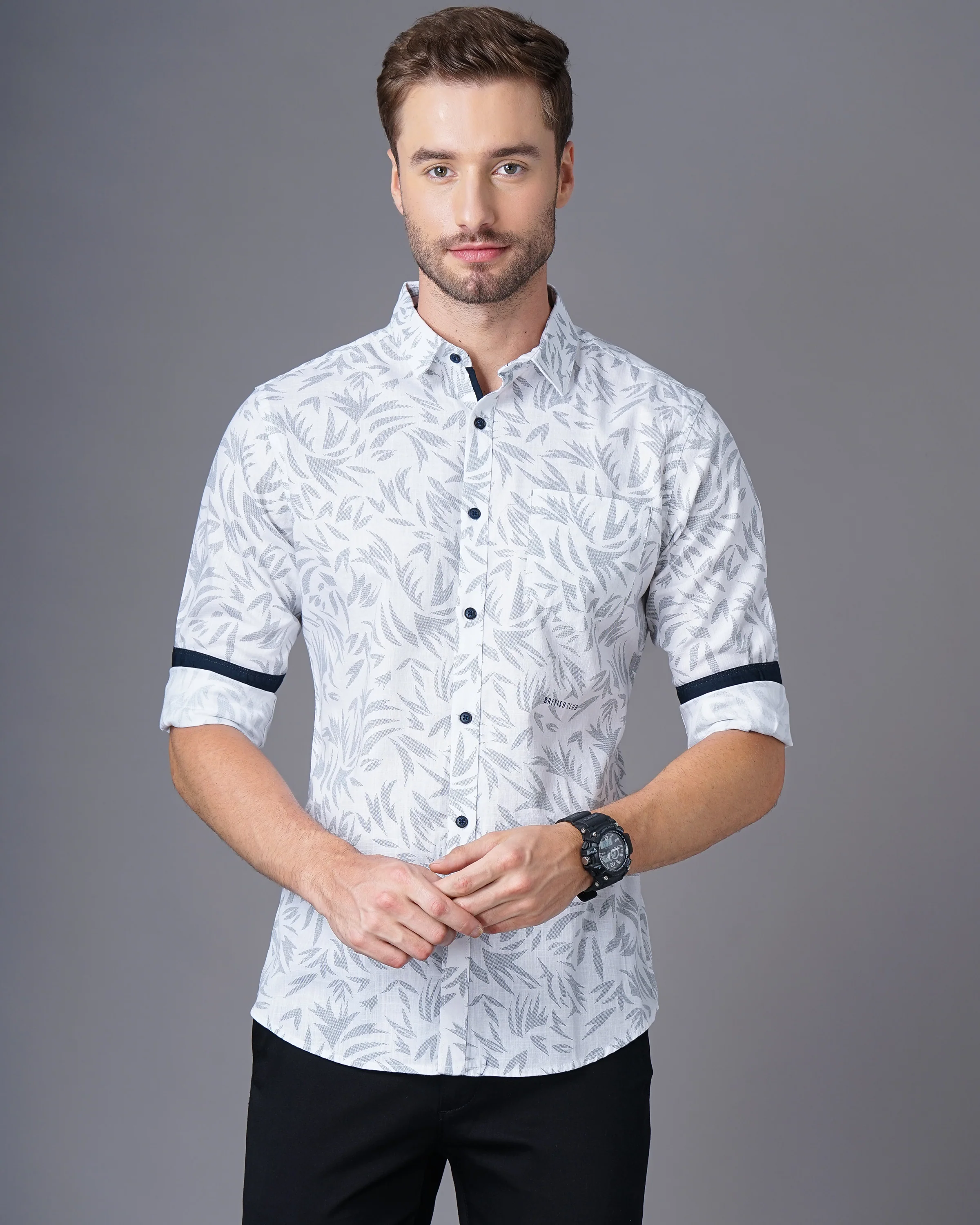 Men White Leaf Print Shirt - Image 7