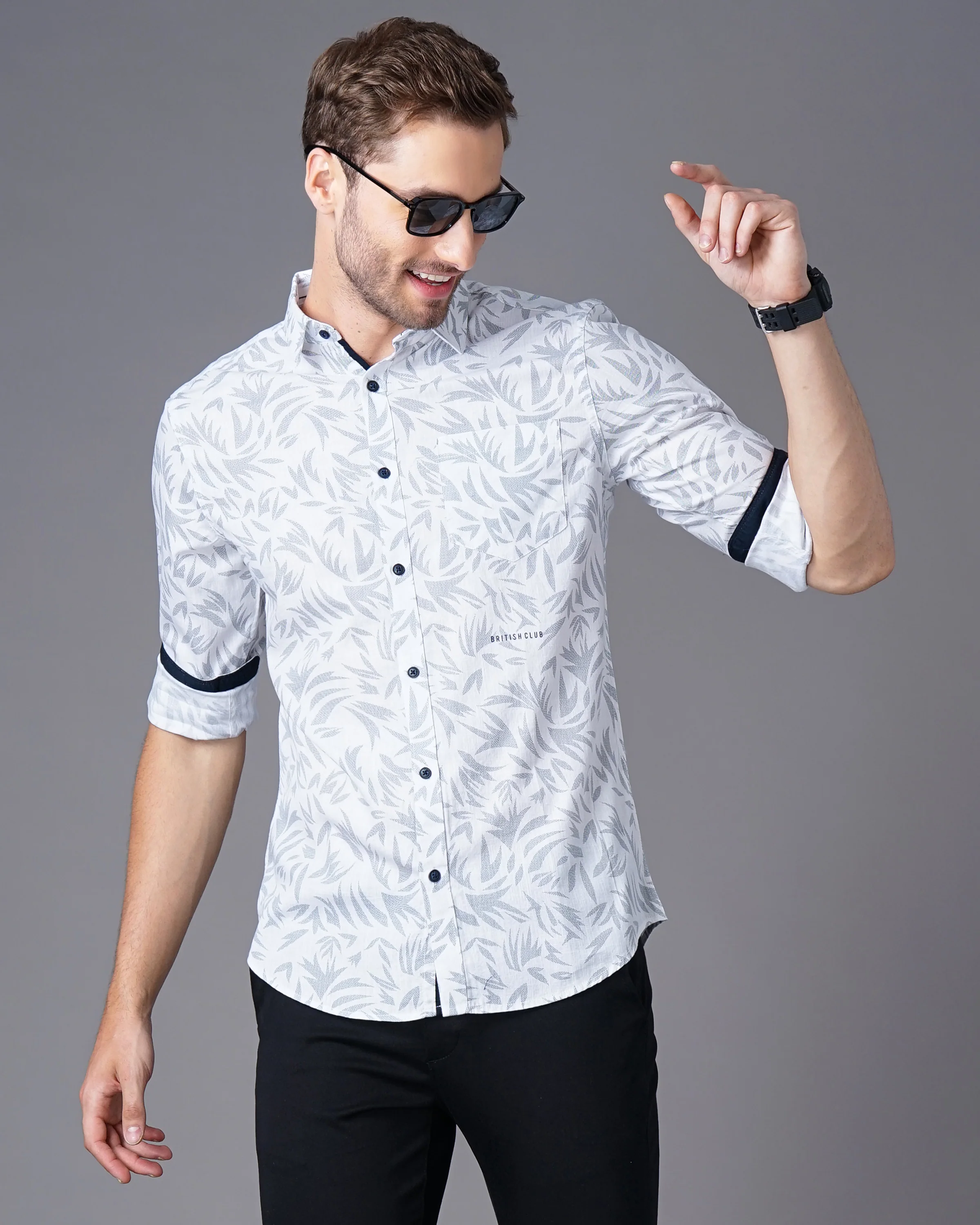 Men White Leaf Print Shirt - Image 8